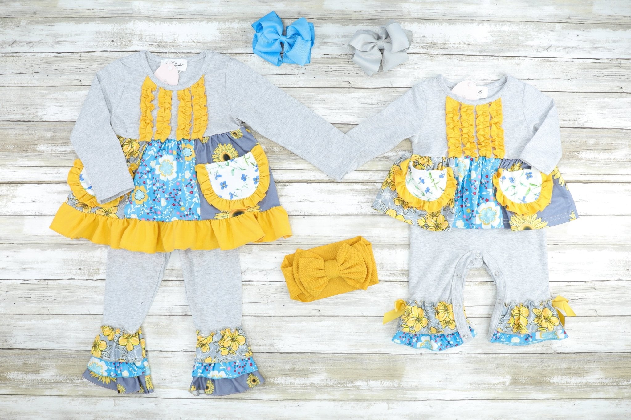 Grey & Mustard Floral Pocket Ruffle Dressy Romper - Marie Nicole Clothing