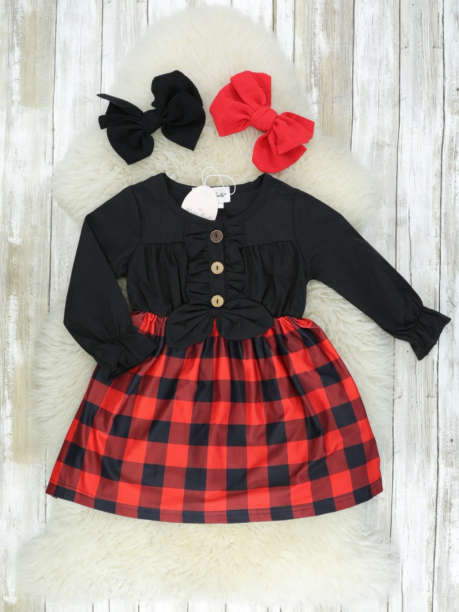 Red & Black Buffalo Plaid Bow Dress - Marie Nicole Clothing