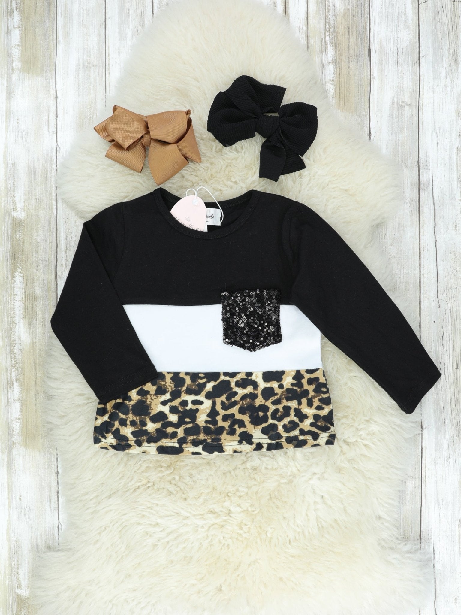 Mom & Me Black White Leopard Colorblock Sequin Pocket Shirt - Marie Nicole Clothing
