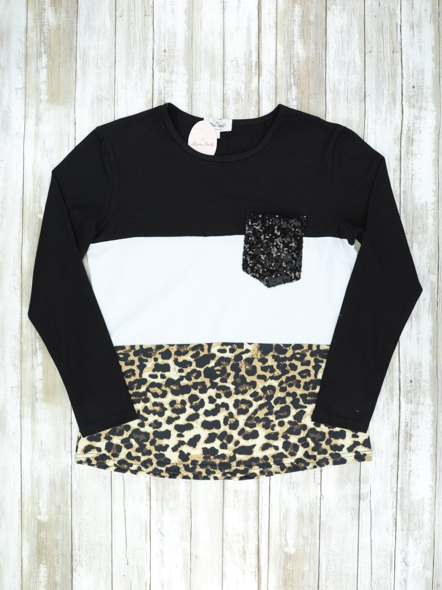 Mom & Me Black White Leopard Colorblock Sequin Pocket Shirt - Marie Nicole Clothing