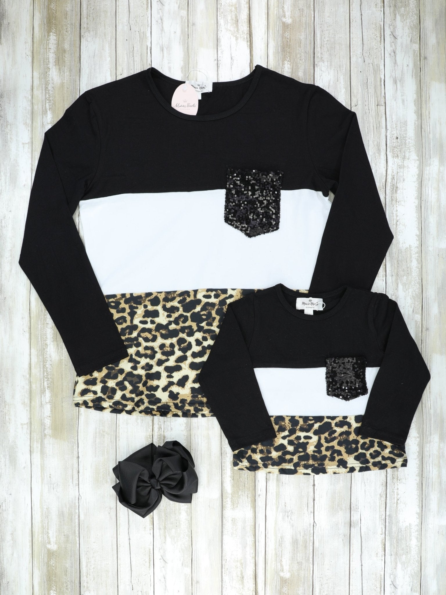 Mom & Me Black White Leopard Colorblock Sequin Pocket Shirt - Marie Nicole Clothing
