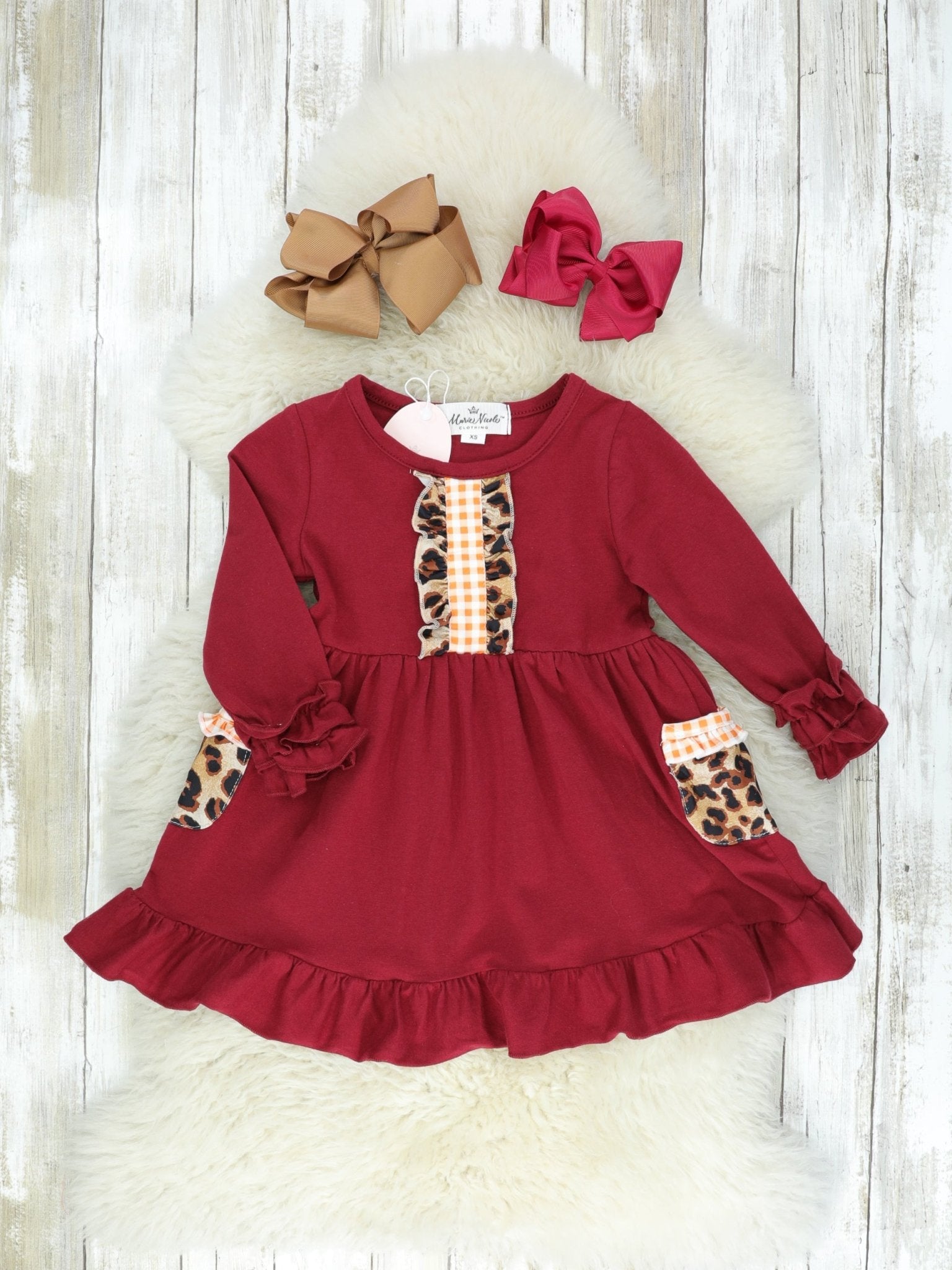 Burgundy & Leopard Pocket Ruffle Dress - Marie Nicole Clothing
