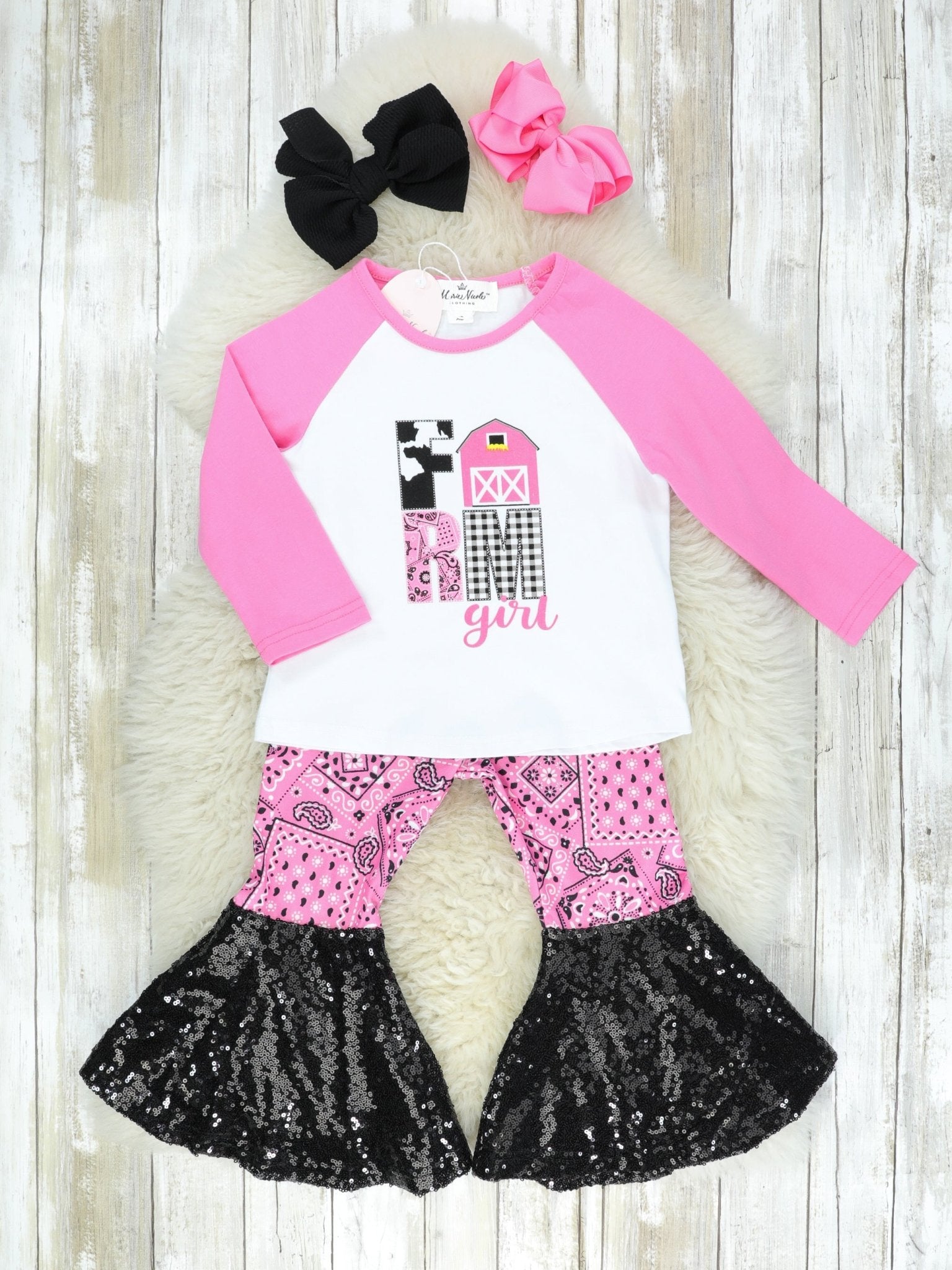 "Farm Girl" Hot Pink Bandana Sequin Bell Bottoms Outfit - Marie Nicole Clothing