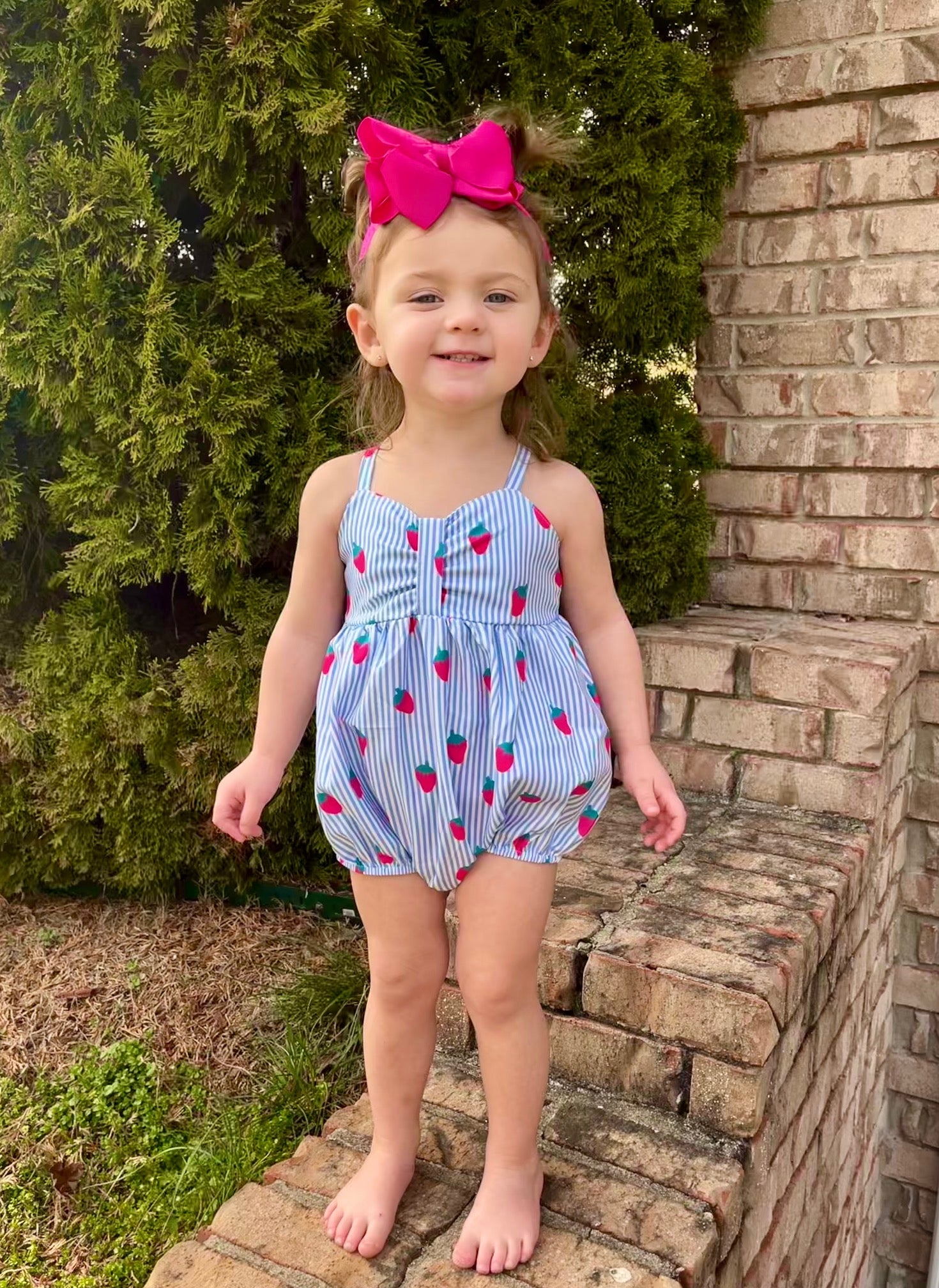Blue Pinstripe Strawberry Ruffle Romper - Marie Nicole Clothing