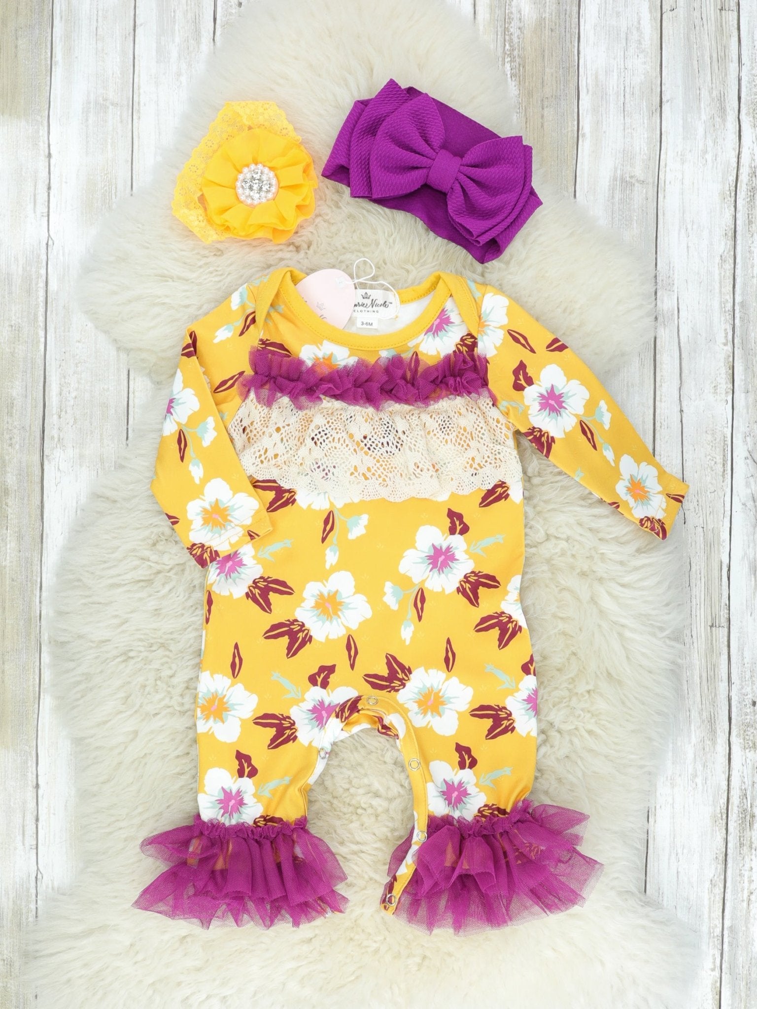 Mustard & Plum Floral Tulle Ruffle Romper - Marie Nicole Clothing