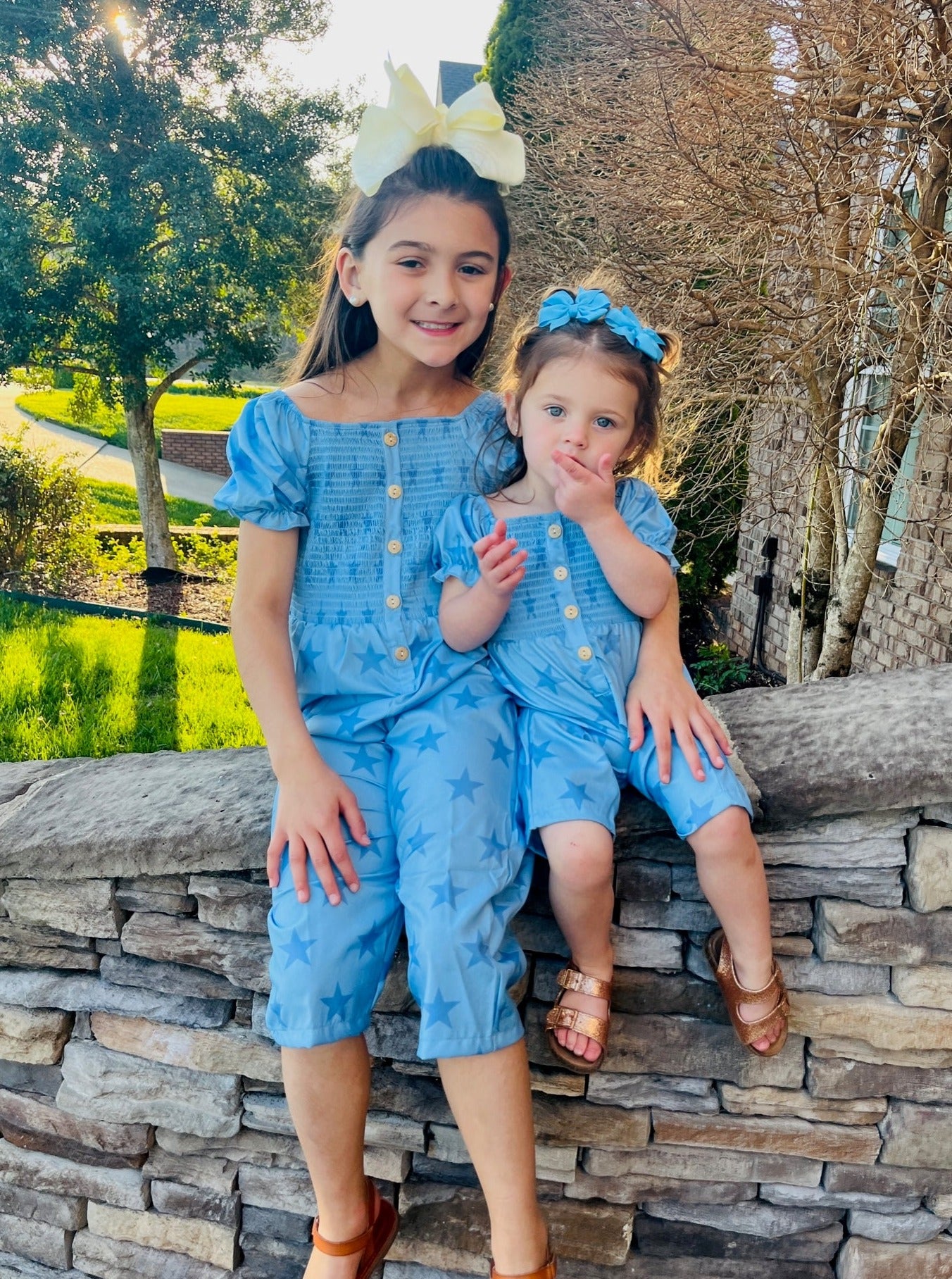 Blue Smocked Star Jumpsuit - Marie Nicole Clothing
