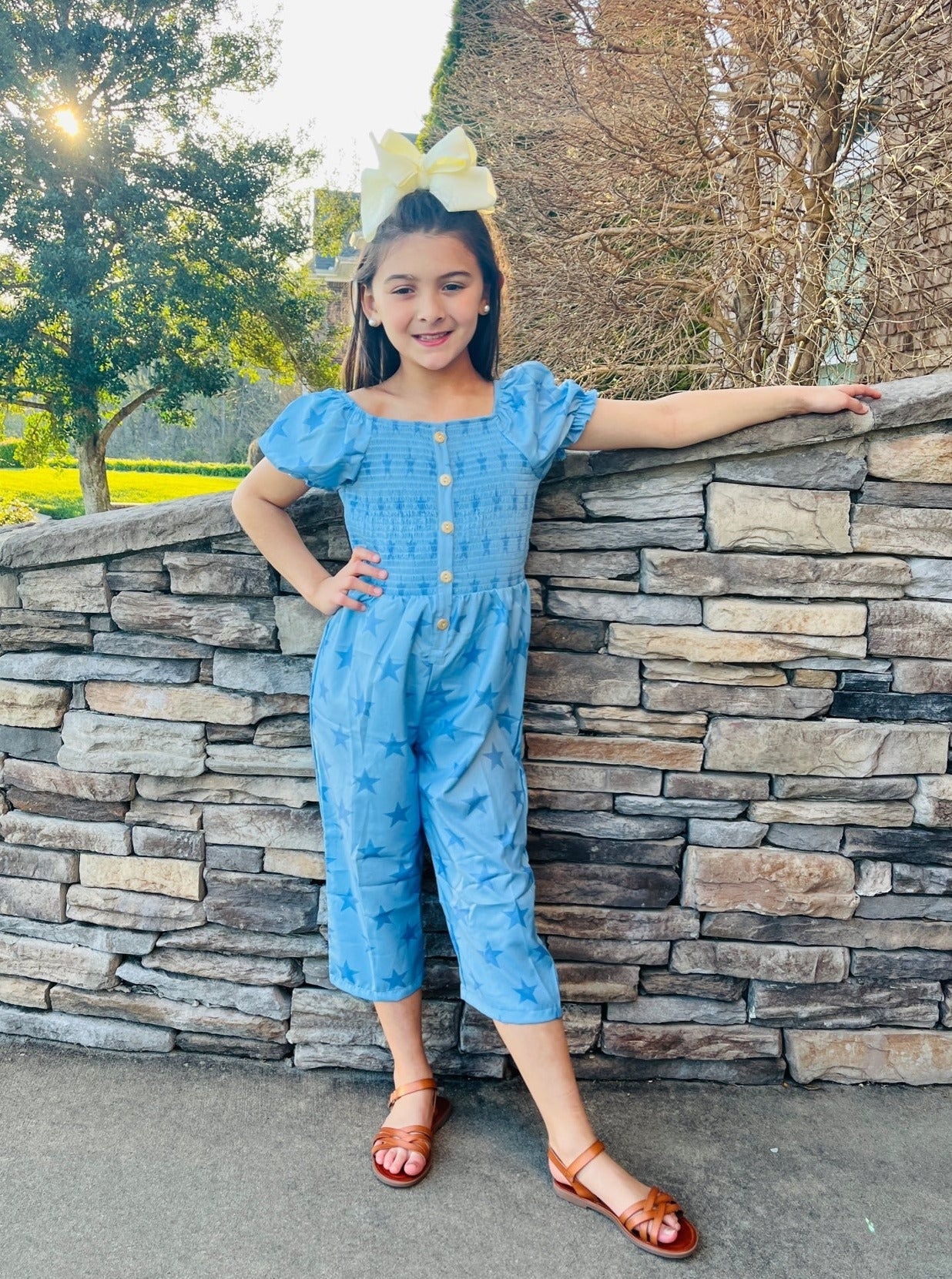 Blue Smocked Star Jumpsuit - Marie Nicole Clothing