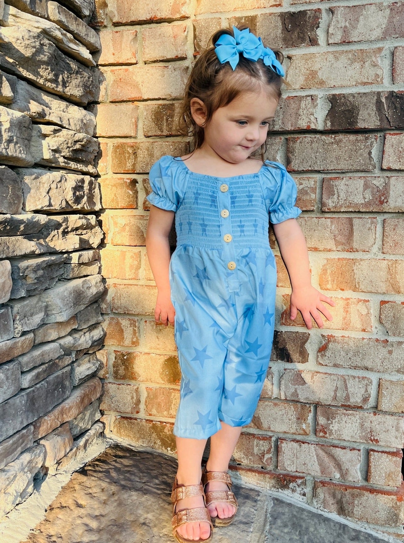 Blue Smocked Star Jumpsuit - Marie Nicole Clothing