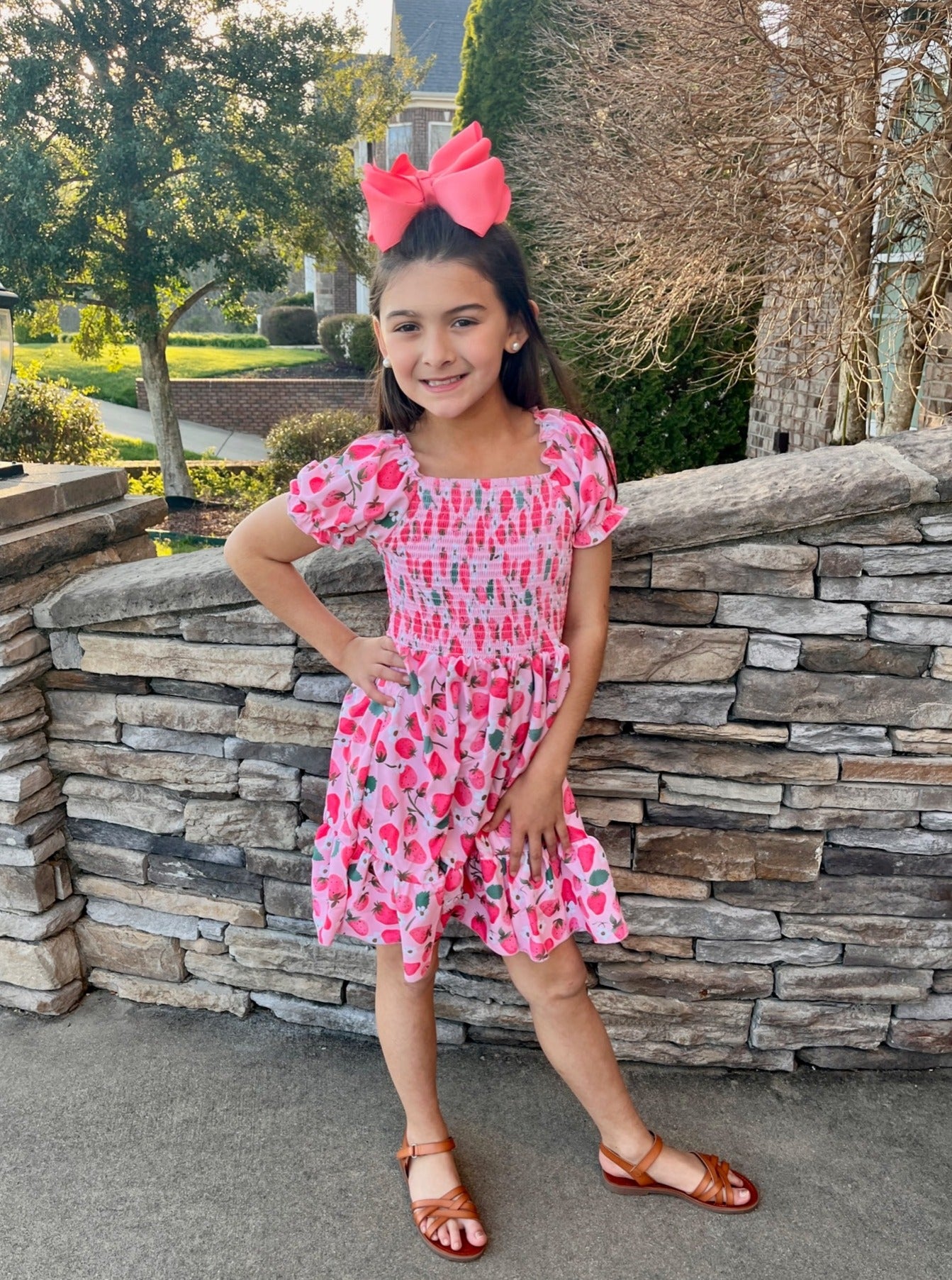 Strawberry Puff Sleeve Smocked Dress - Marie Nicole Clothing