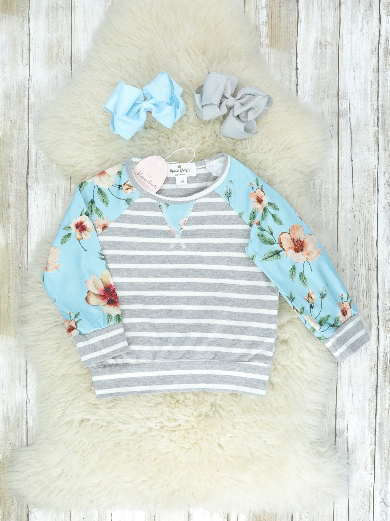 Mom & Me Teal, Grey, & Floral Striped Shirt - Marie Nicole Clothing