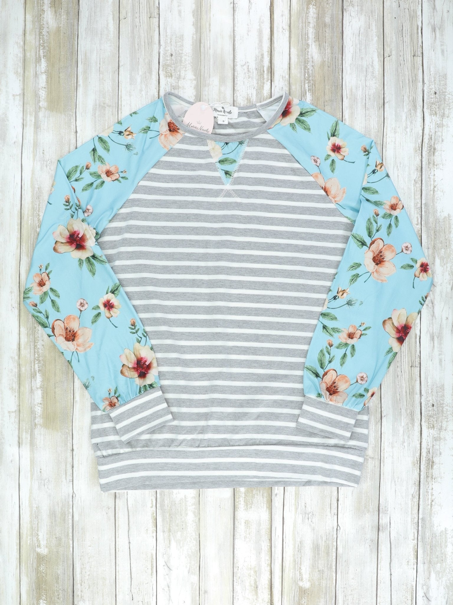 Mom & Me Teal, Grey, & Floral Striped Shirt - Marie Nicole Clothing