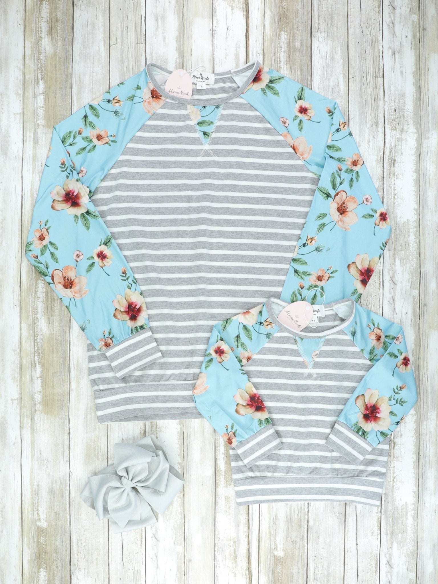 Mom & Me Teal, Grey, & Floral Striped Shirt - Marie Nicole Clothing