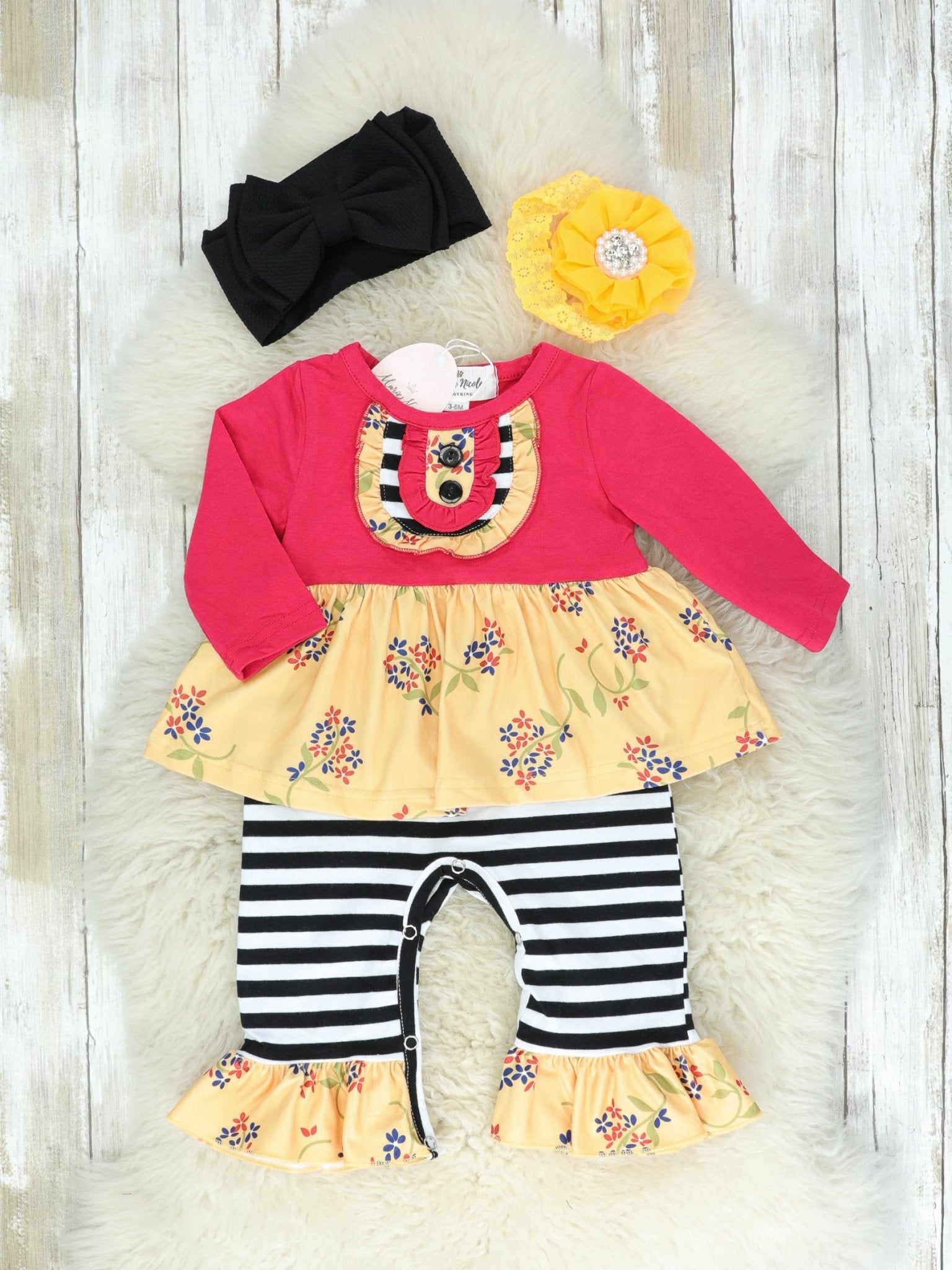 Red & Mustard / Black & White Stripes Dressy Romper - Marie Nicole Clothing