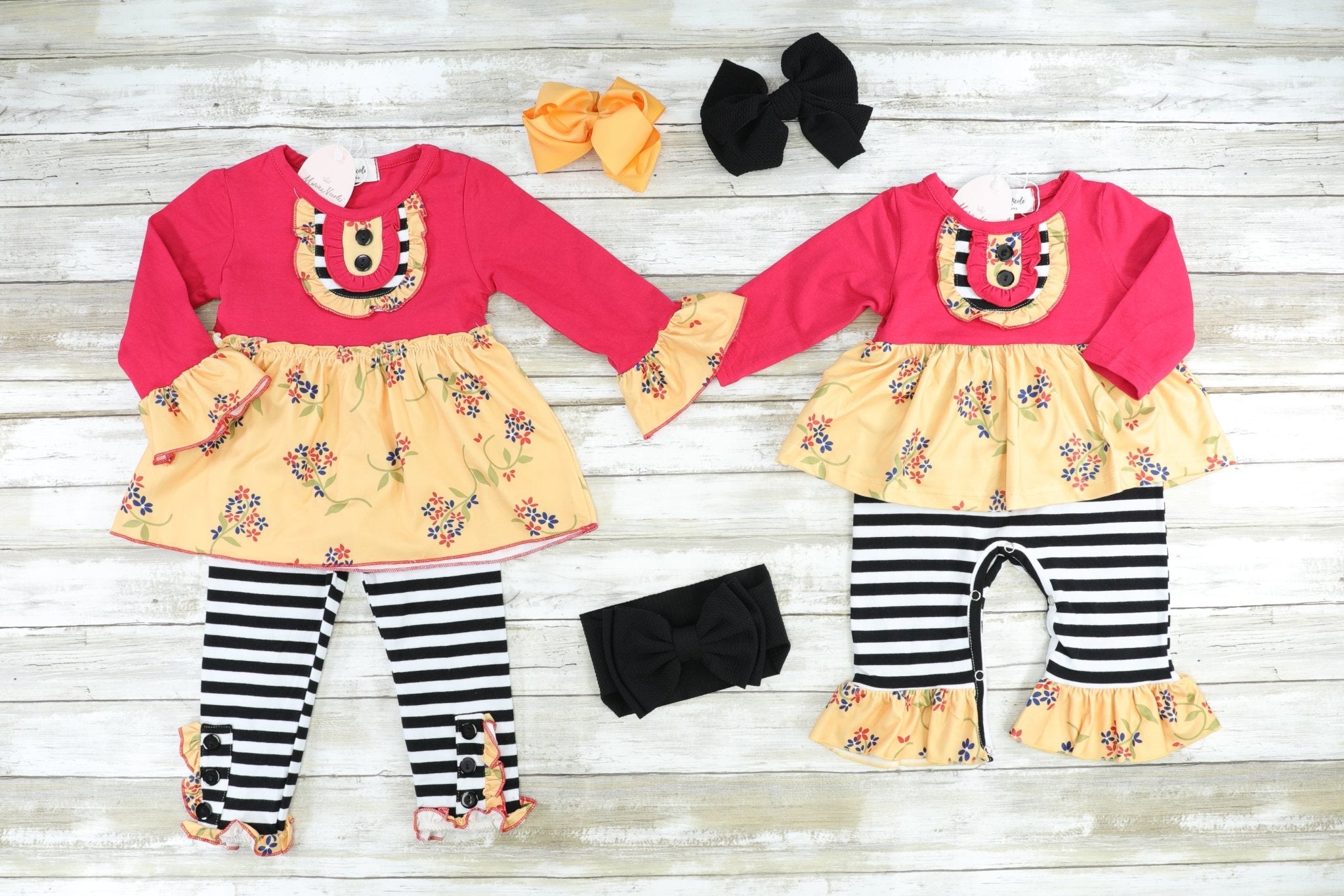 Red & Mustard / Black & White Stripes Dressy Romper - Marie Nicole Clothing