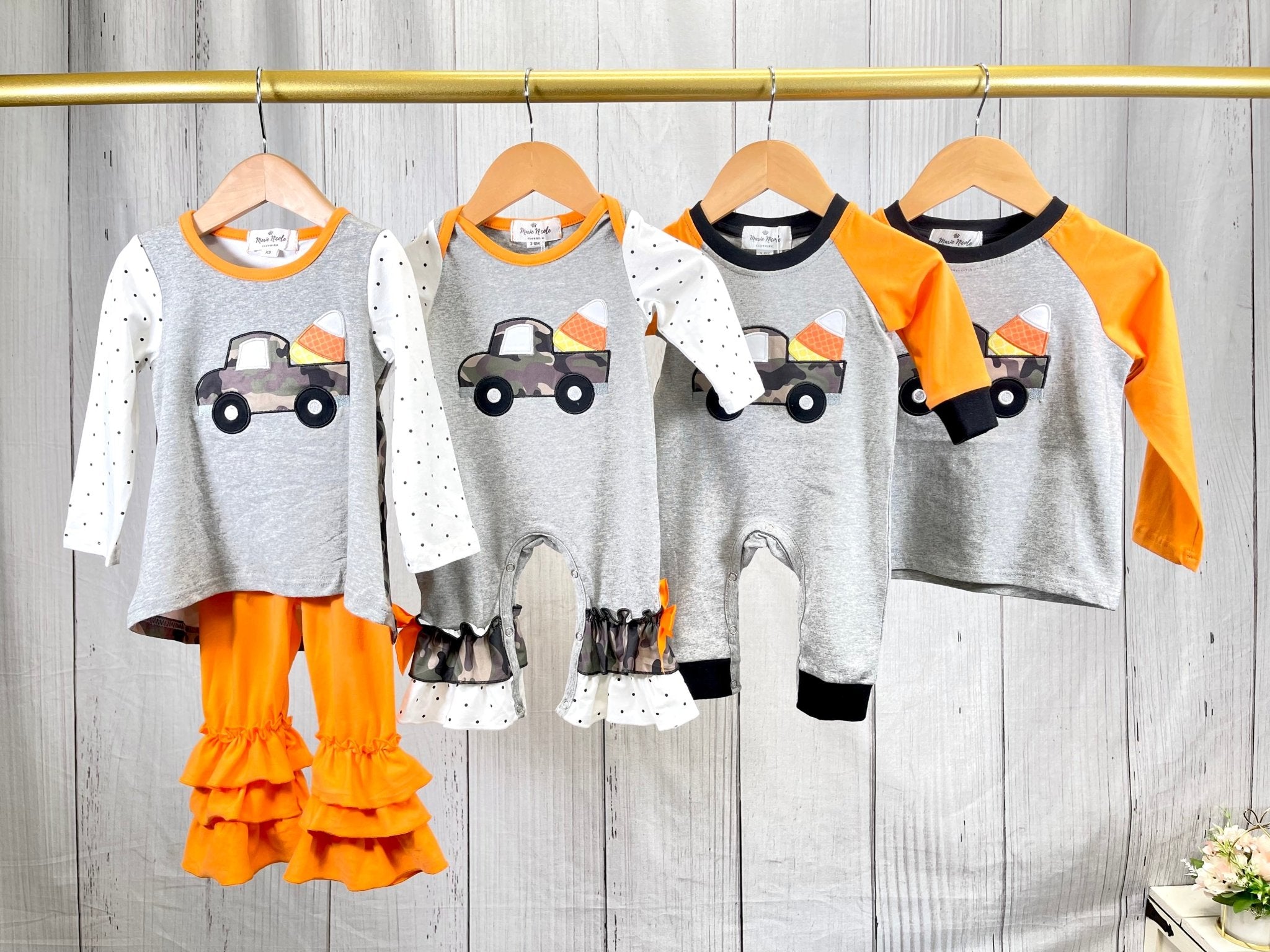 Camo Candy Corn Truck Ruffle Pants Outfit - Marie Nicole Clothing