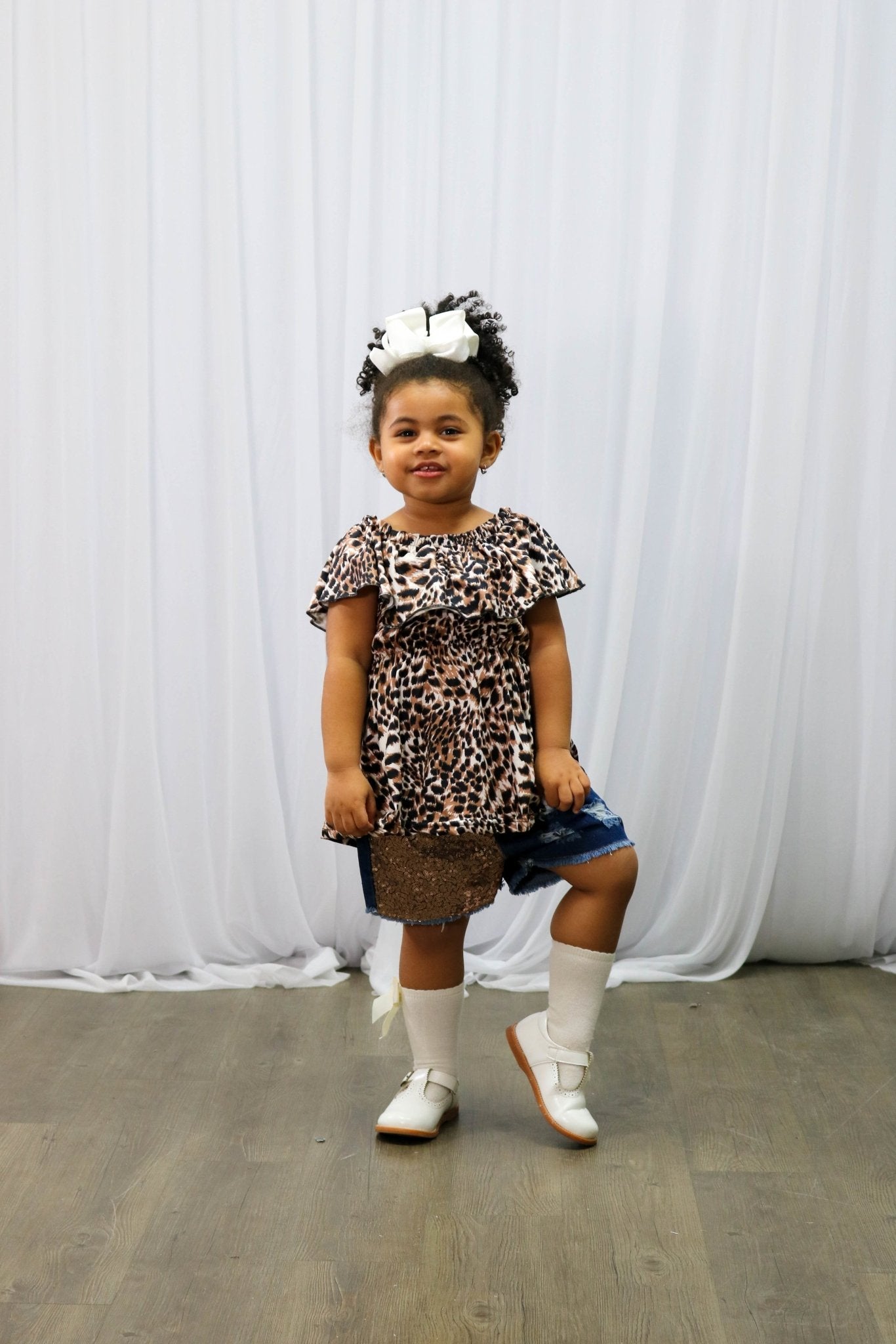 Leopard Off The Shoulder Top & Denim Sequin Shorts Outfit - Marie Nicole Clothing