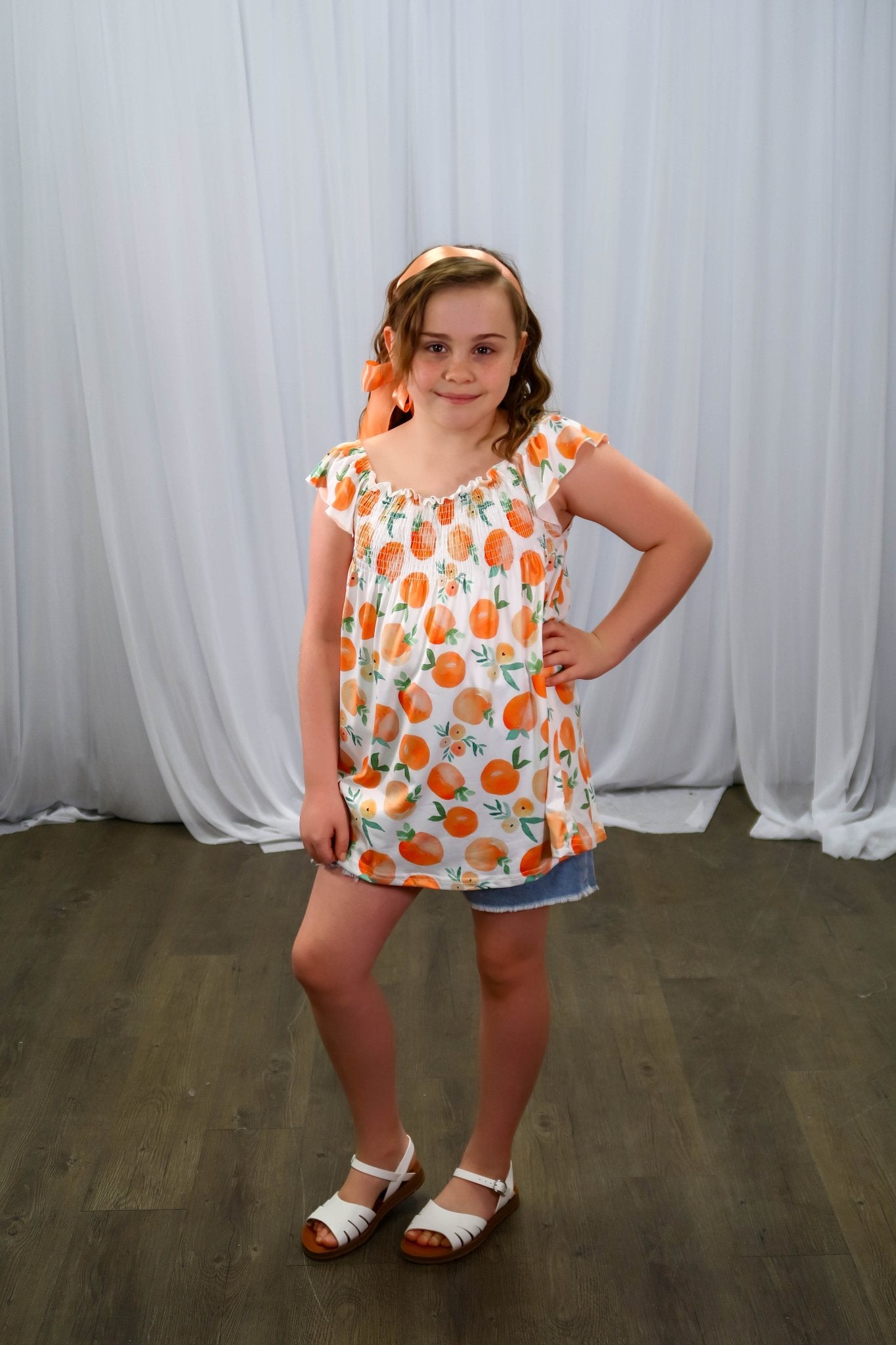 Mandarin Oranges Ruffle Top & Denim Shorts Outfit - Marie Nicole Clothing