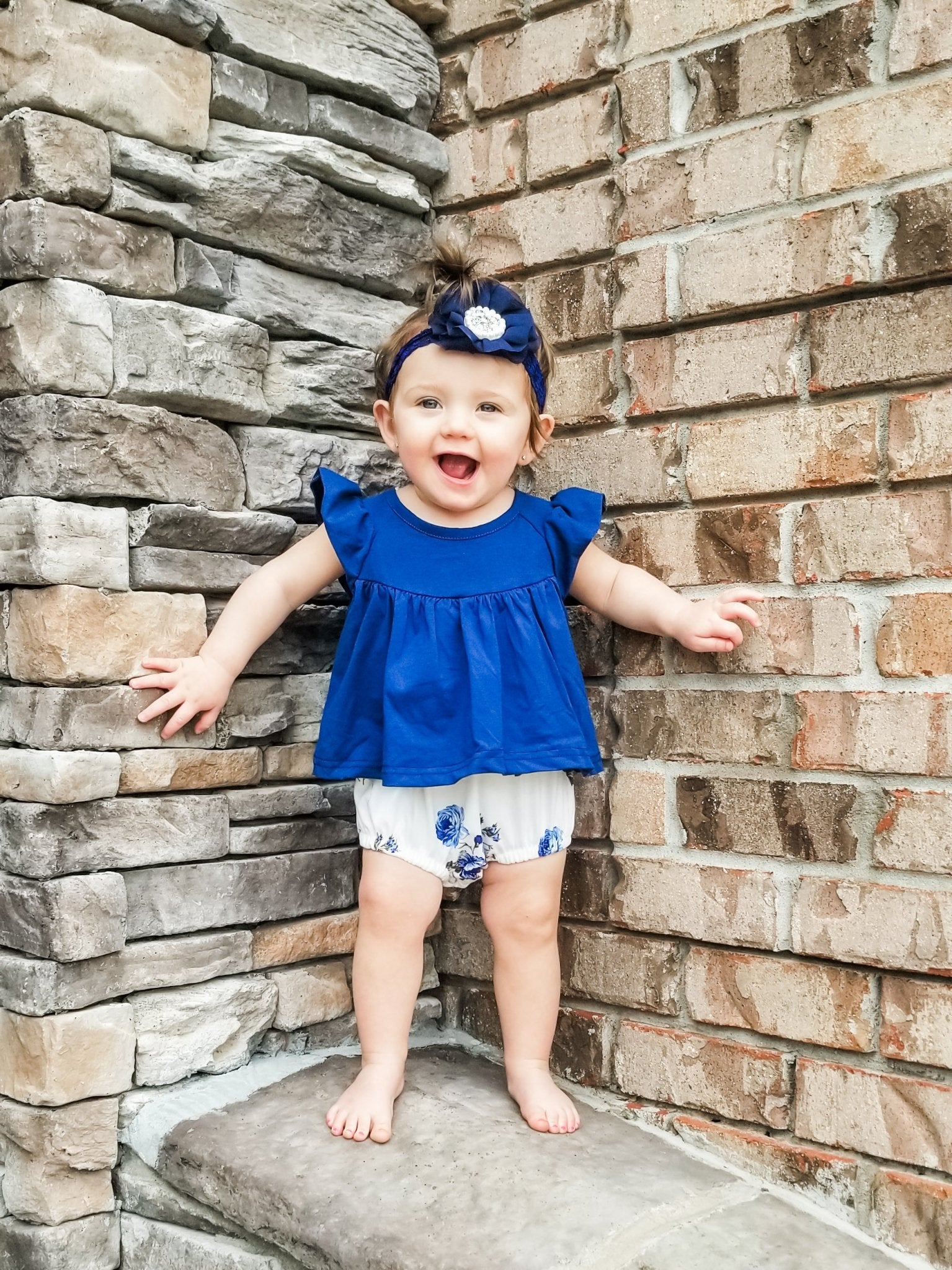 Navy Blue & White Floral Bloomers Outfit - Marie Nicole Clothing