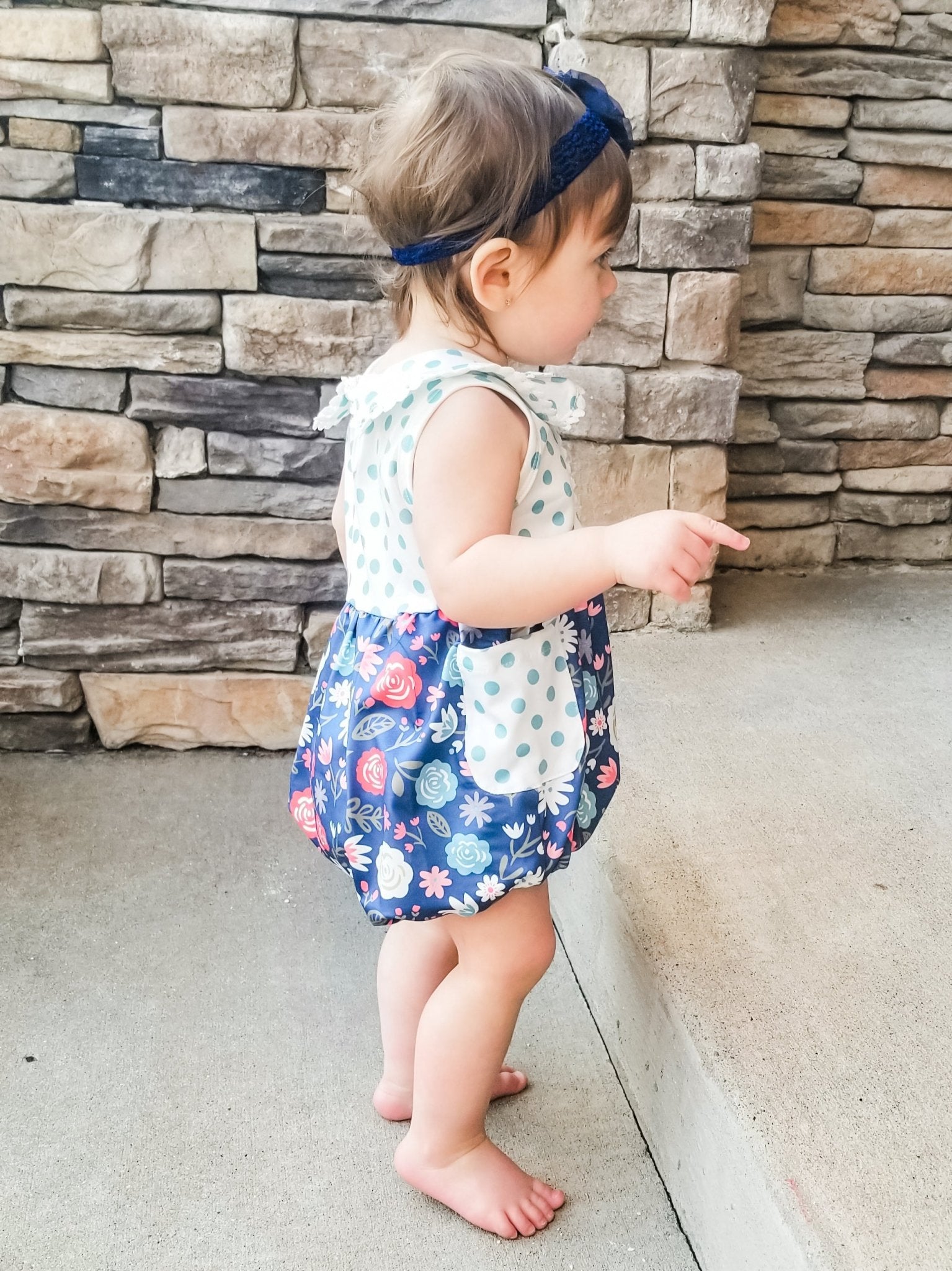 Navy Floral Polka Dotted Bubble Romper - Marie Nicole Clothing