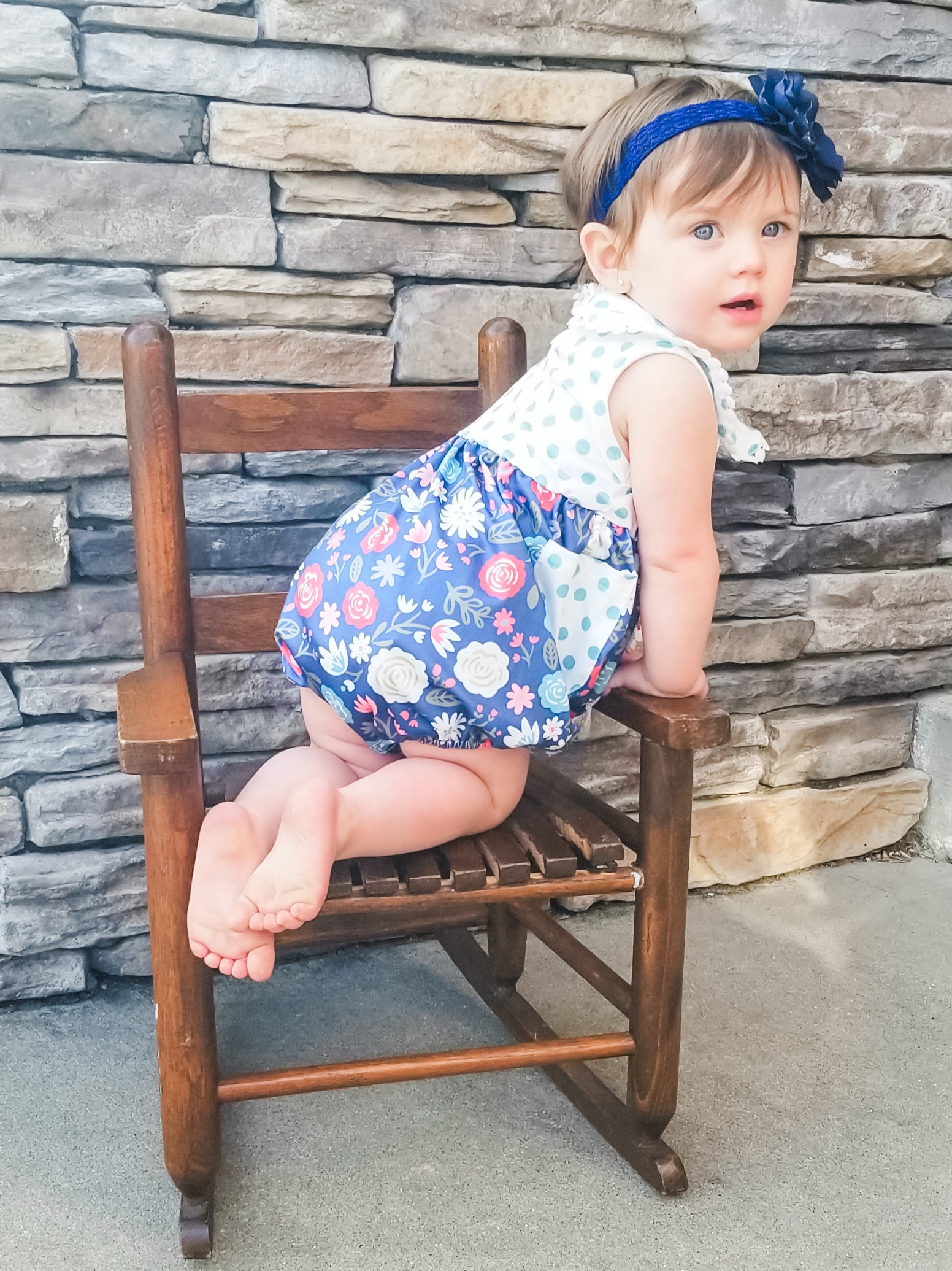 Navy Floral Polka Dotted Bubble Romper - Marie Nicole Clothing