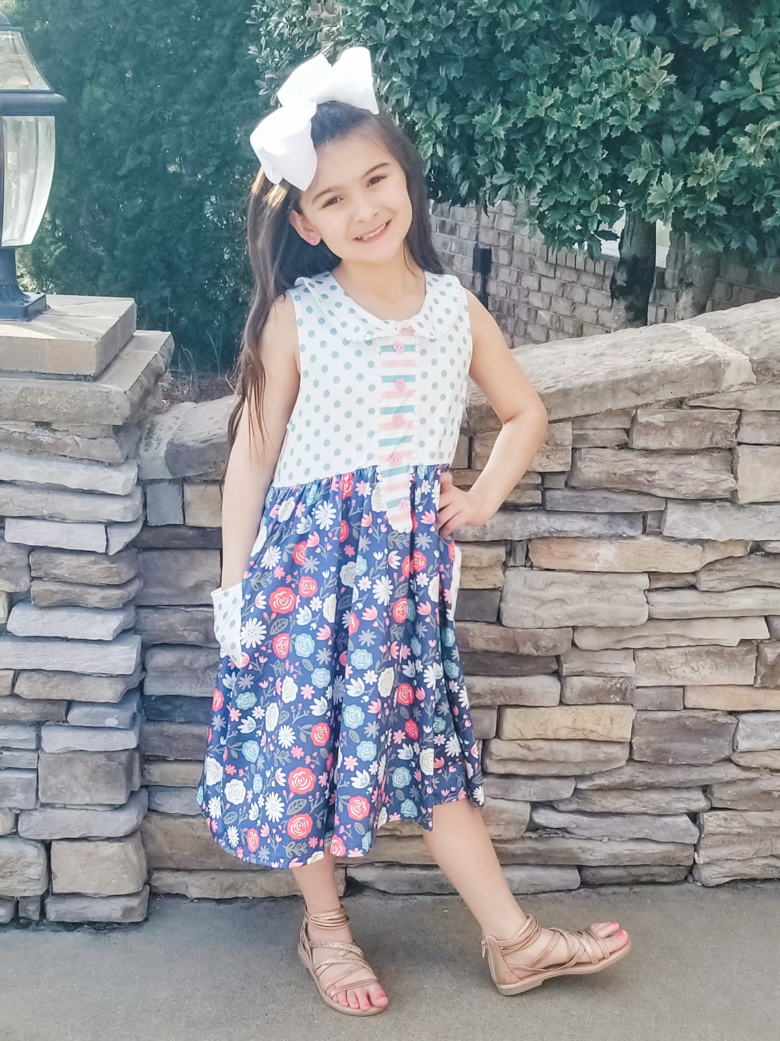 Navy Floral Polka Dotted Dress - Marie Nicole Clothing