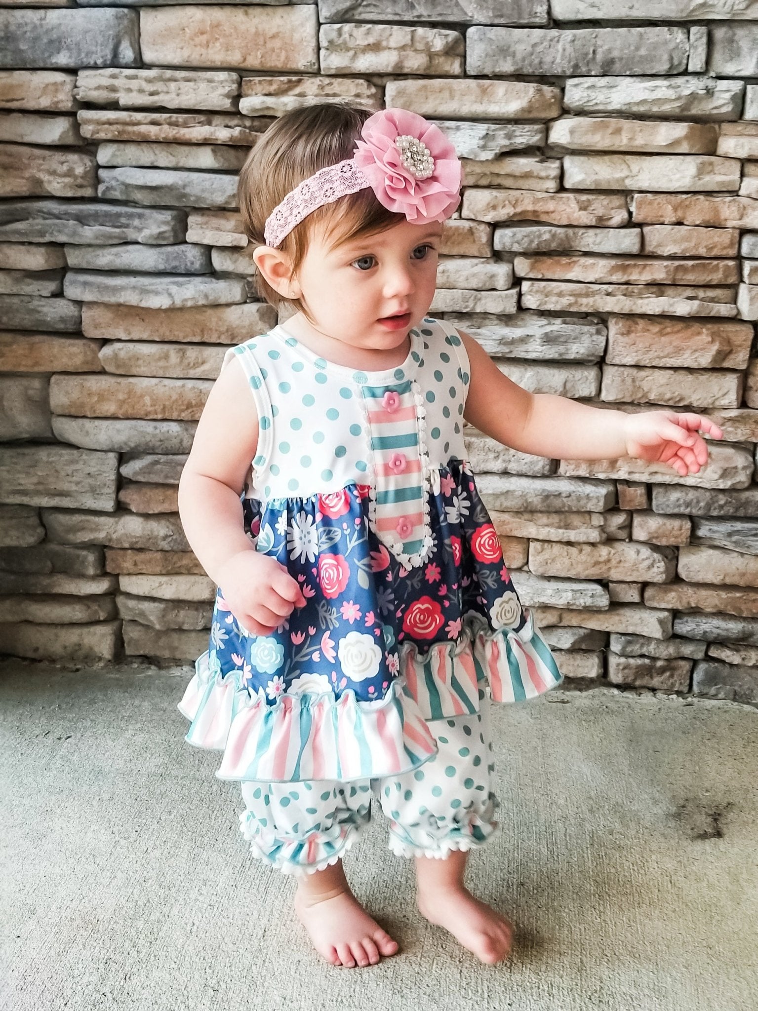 Navy Floral Polka Dotted Outfit - Marie Nicole Clothing