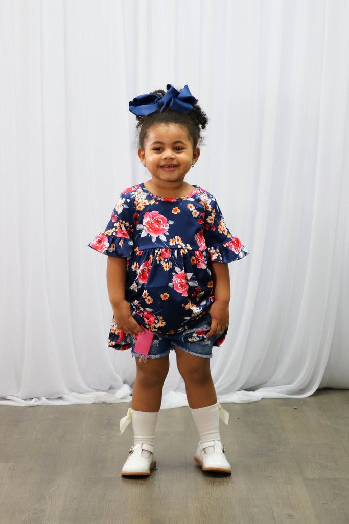 Navy & Pink Floral Tunic & Distressed Denim Shorts Outfit - Marie Nicole Clothing