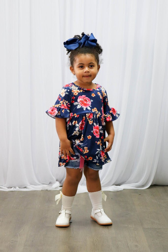 Navy & Pink Floral Tunic & Distressed Denim Shorts Outfit - Marie Nicole Clothing