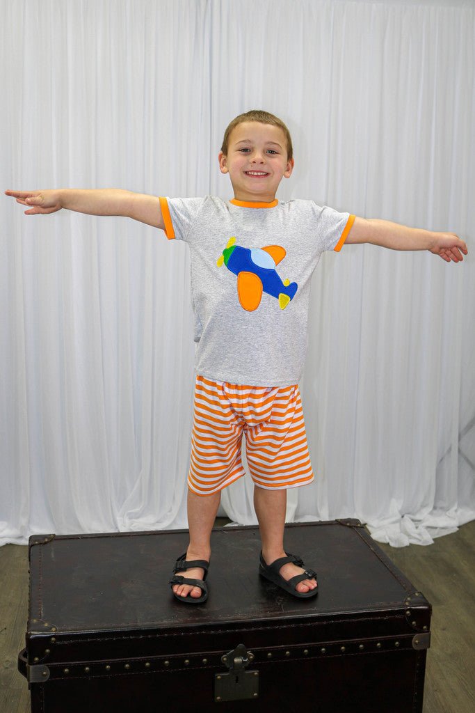 Orange & Grey Airplane Shorts Outfit - Marie Nicole Clothing