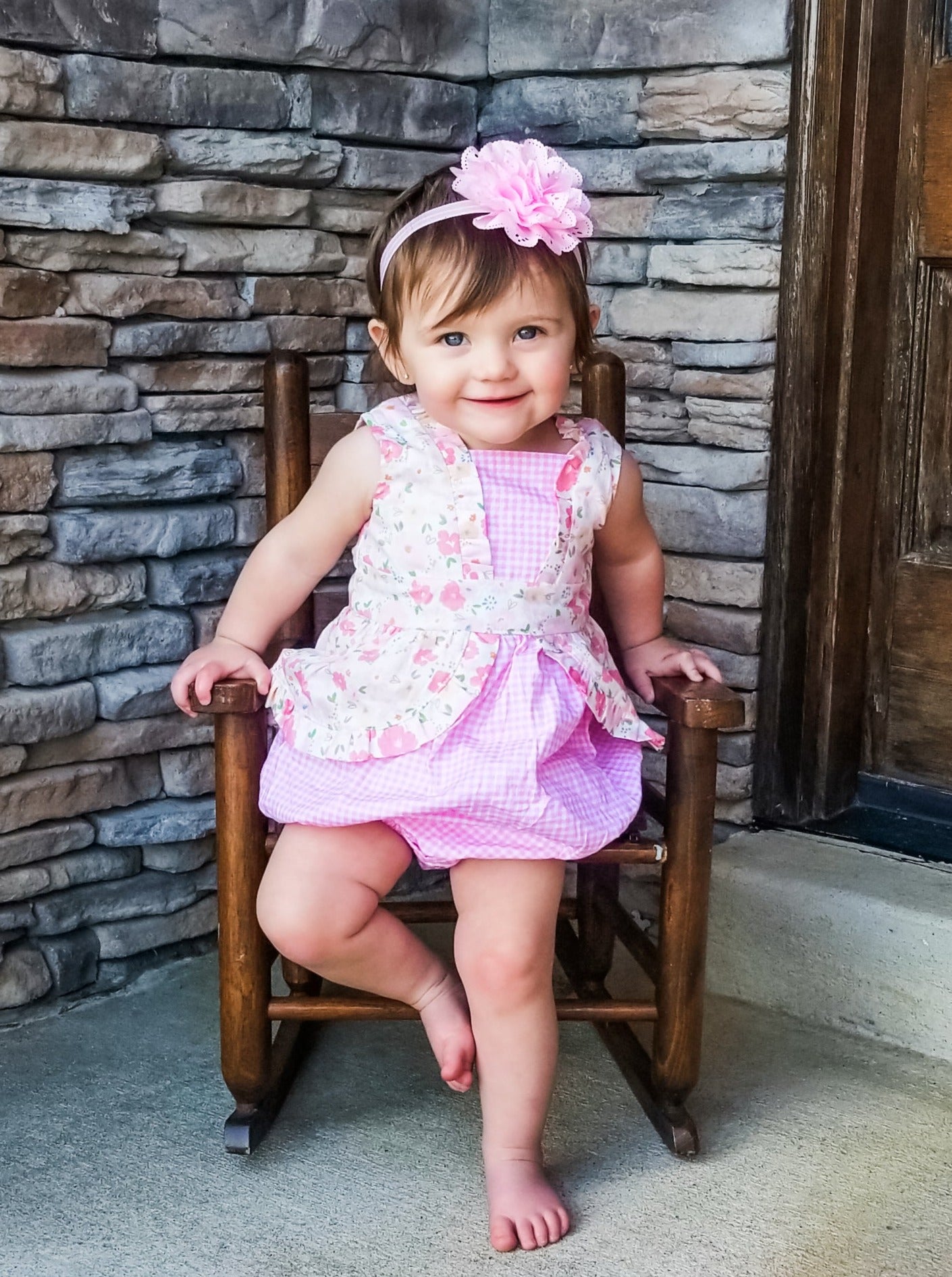 Pink Check Floral Ruffle Bubble Romper - Marie Nicole Clothing