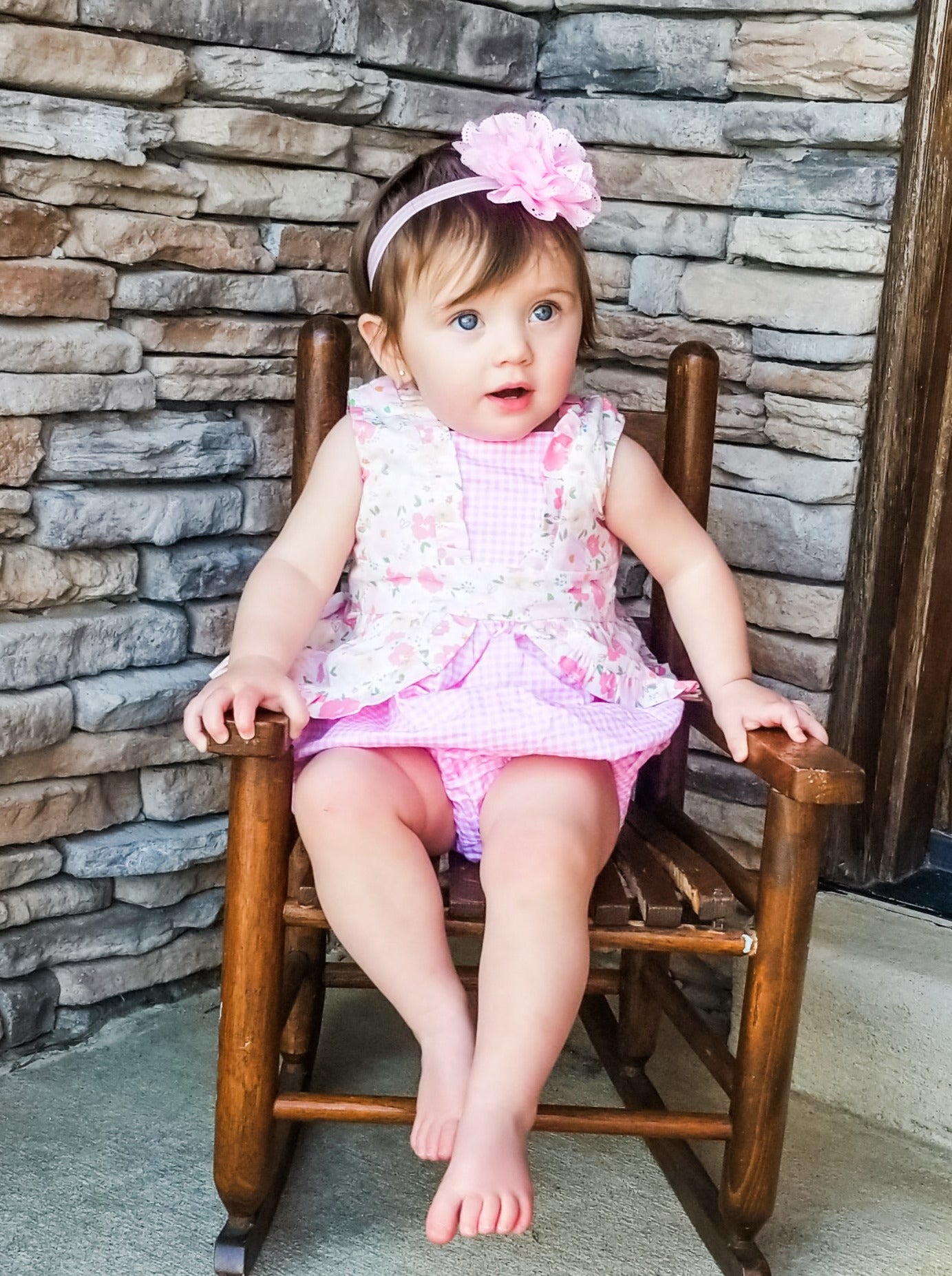 Pink Check Floral Ruffle Bubble Romper - Marie Nicole Clothing