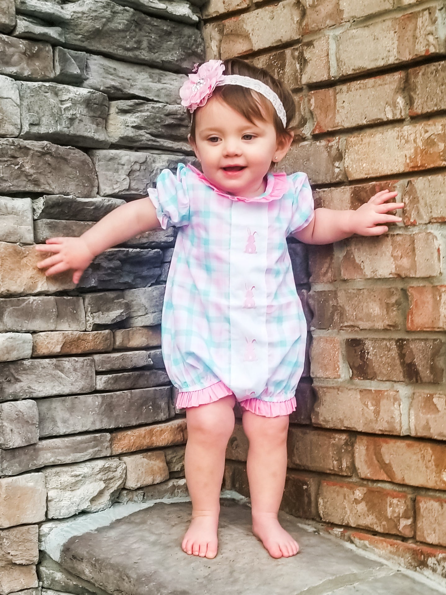 Pinky Check Bunny Ruffle Bubble Romper - Marie Nicole Clothing