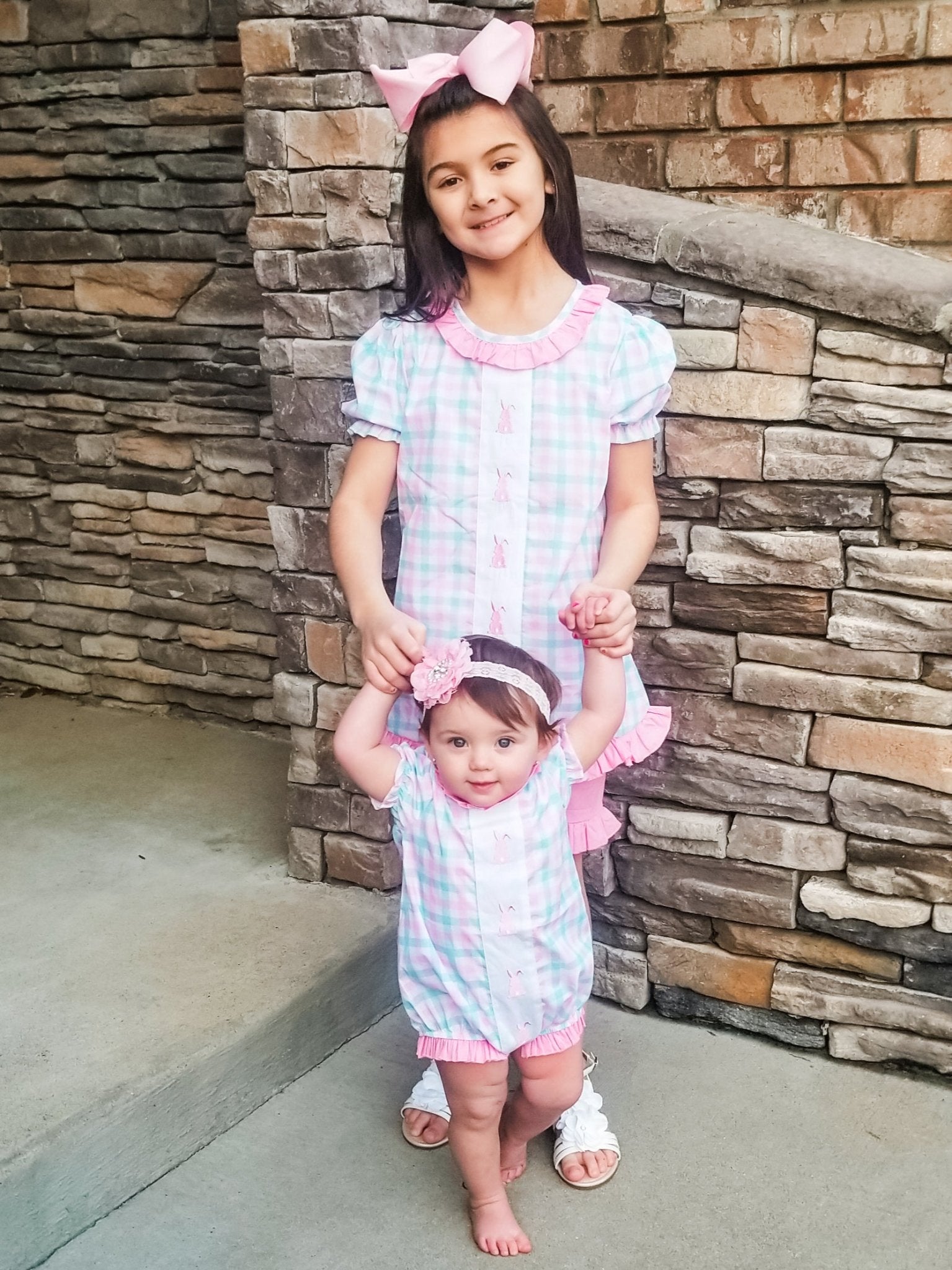Pinky Check Bunny Ruffle Bubble Romper - Marie Nicole Clothing