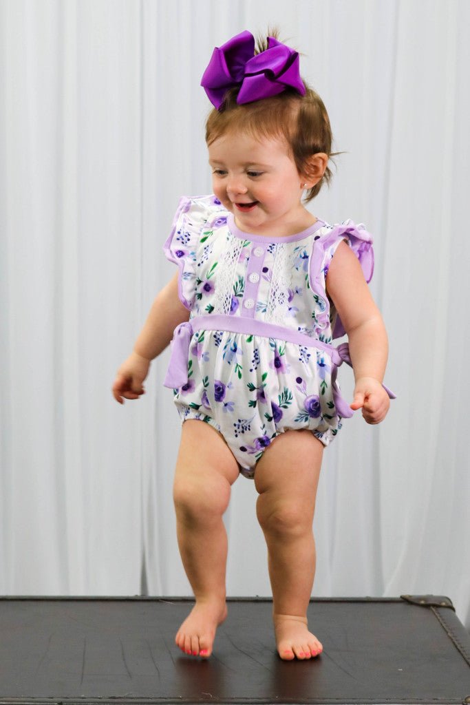 Purple Floral Ruffle Bubble Romper - Marie Nicole Clothing