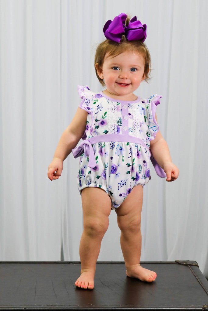 Purple Floral Ruffle Bubble Romper - Marie Nicole Clothing