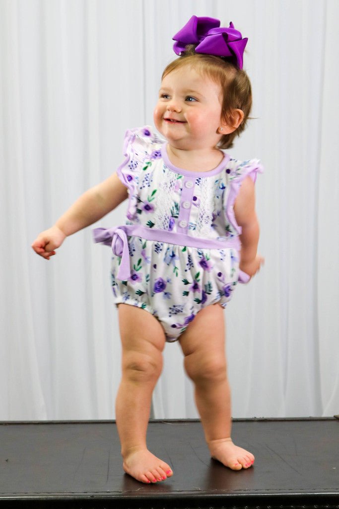 Purple Floral Ruffle Bubble Romper - Marie Nicole Clothing