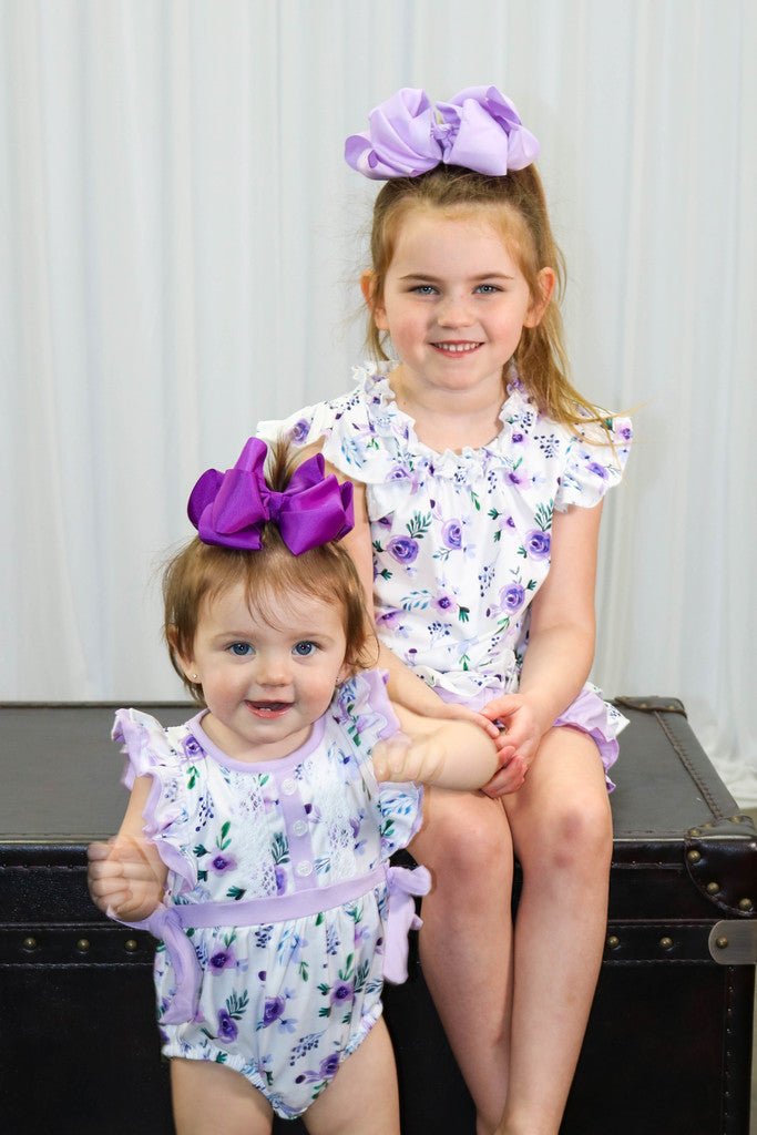 Purple Floral Ruffle Bubble Romper - Marie Nicole Clothing