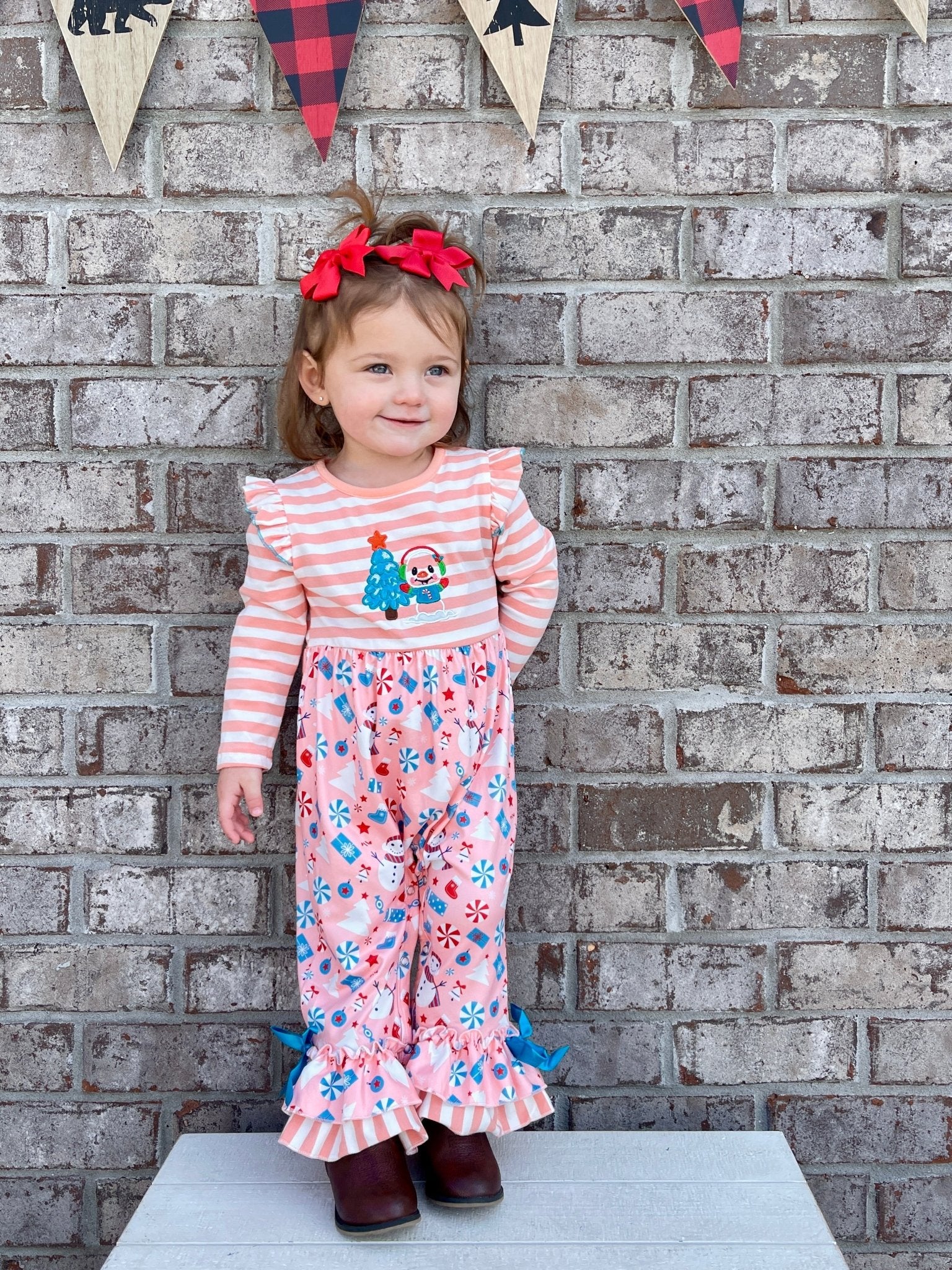 Peach Christmas Ruffle Romper - Marie Nicole Clothing