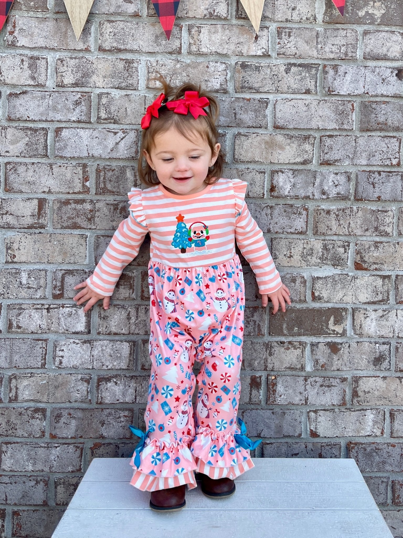 Peach Christmas Ruffle Romper - Marie Nicole Clothing