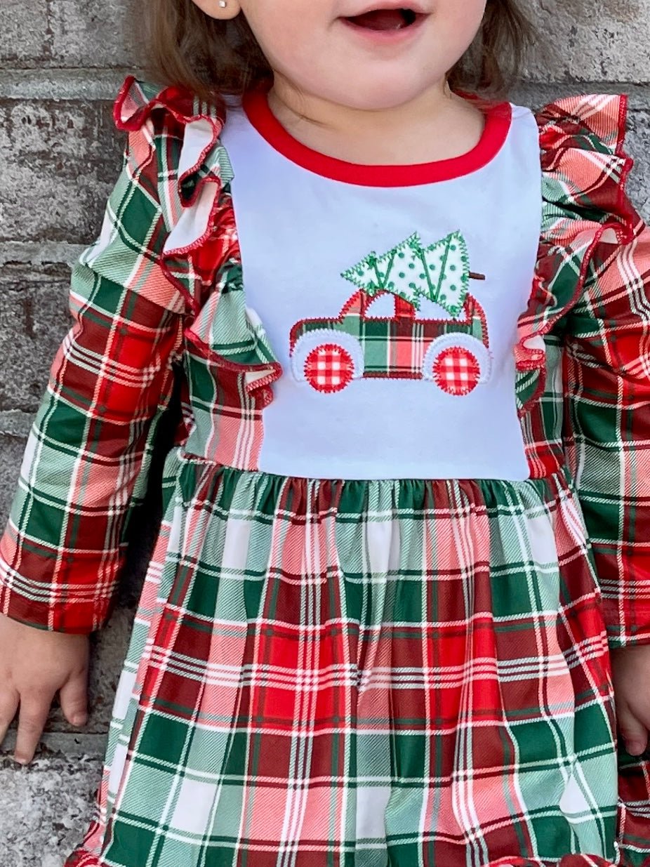 Red & Green Plaid Christmas Tree Ruffle Dress - Marie Nicole Clothing