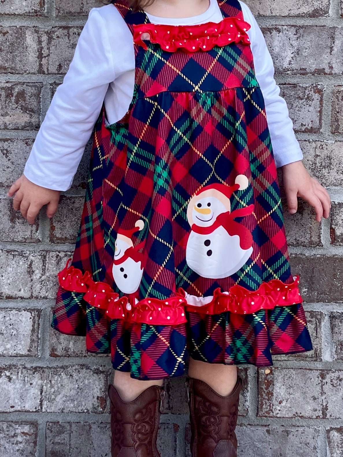 Plaid Snowman Ruffle Dress W/ White Top - Marie Nicole Clothing