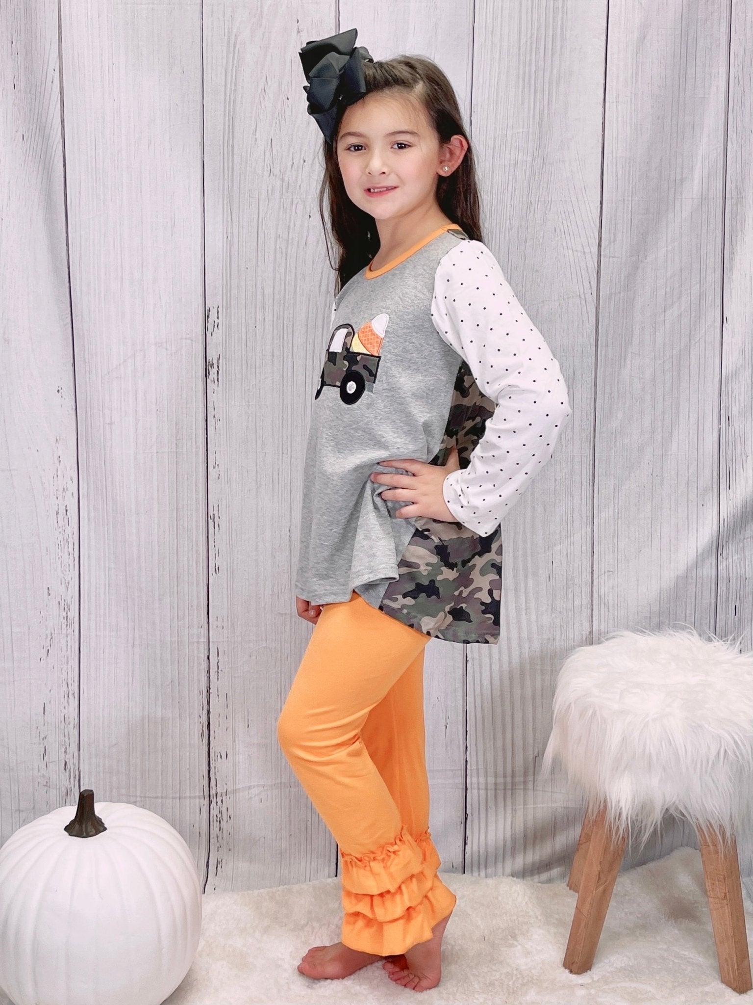 Camo Candy Corn Truck Ruffle Pants Outfit - Marie Nicole Clothing