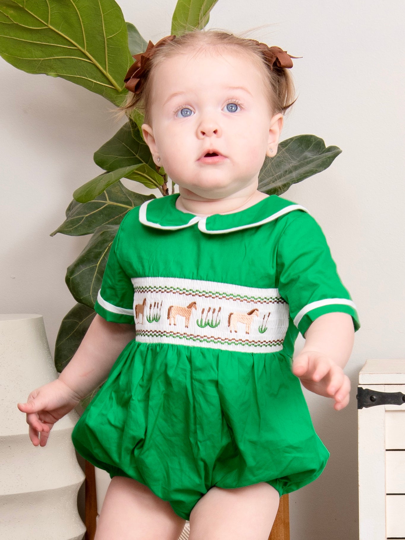 Green Smocked Horse Vintage Romper - Marie Nicole Clothing