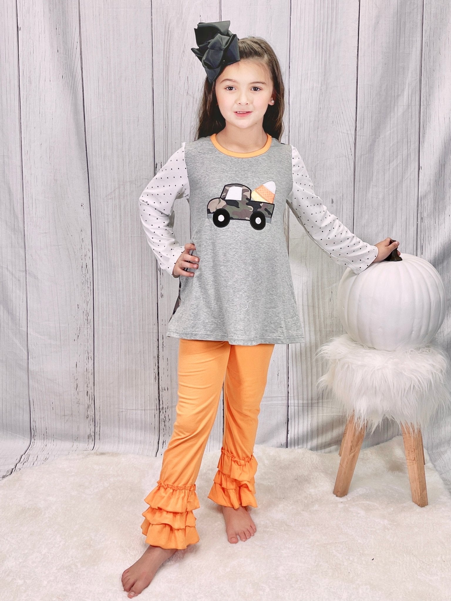 Camo Candy Corn Truck Ruffle Pants Outfit - Marie Nicole Clothing