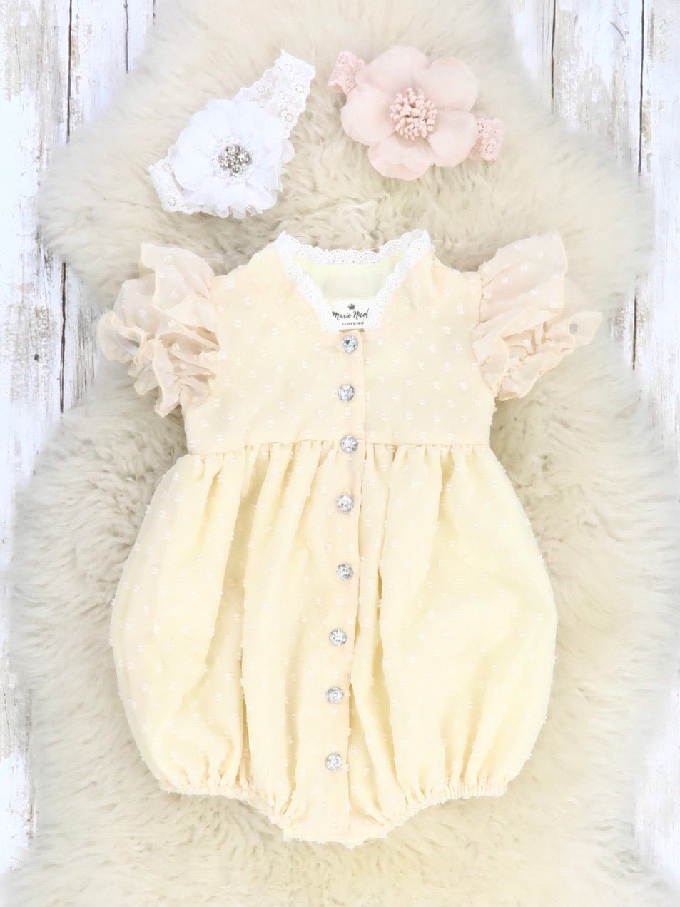 Swiss Dot Ruffle Bubble With Crystal Buttons - Cream - Marie Nicole Clothing