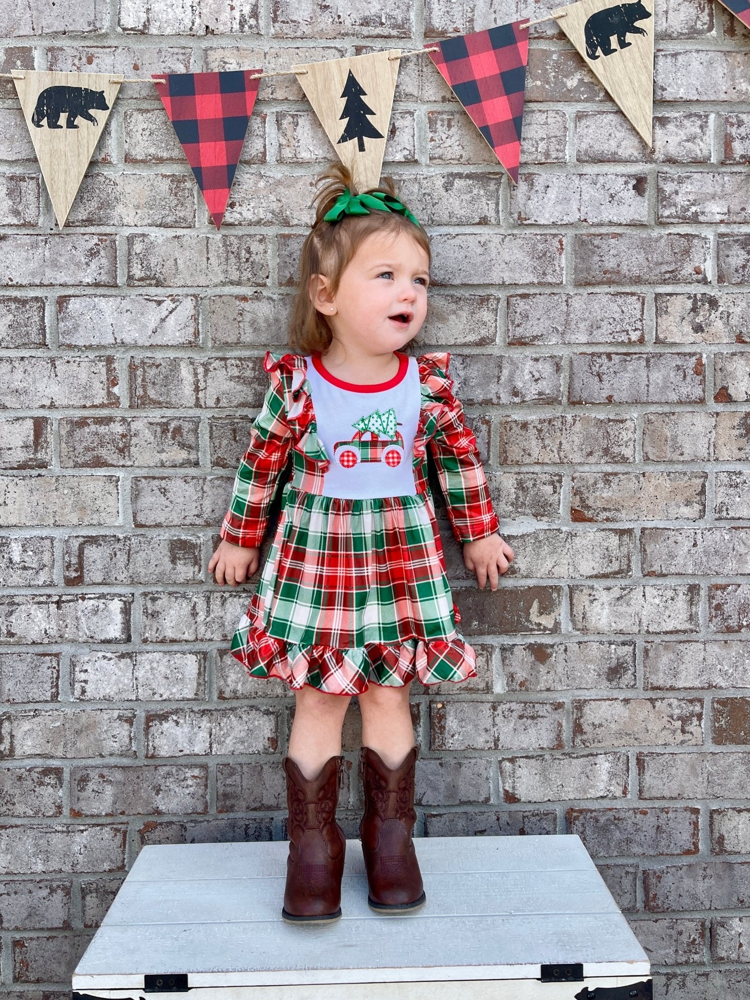 Red & Green Plaid Christmas Tree Ruffle Dress - Marie Nicole Clothing