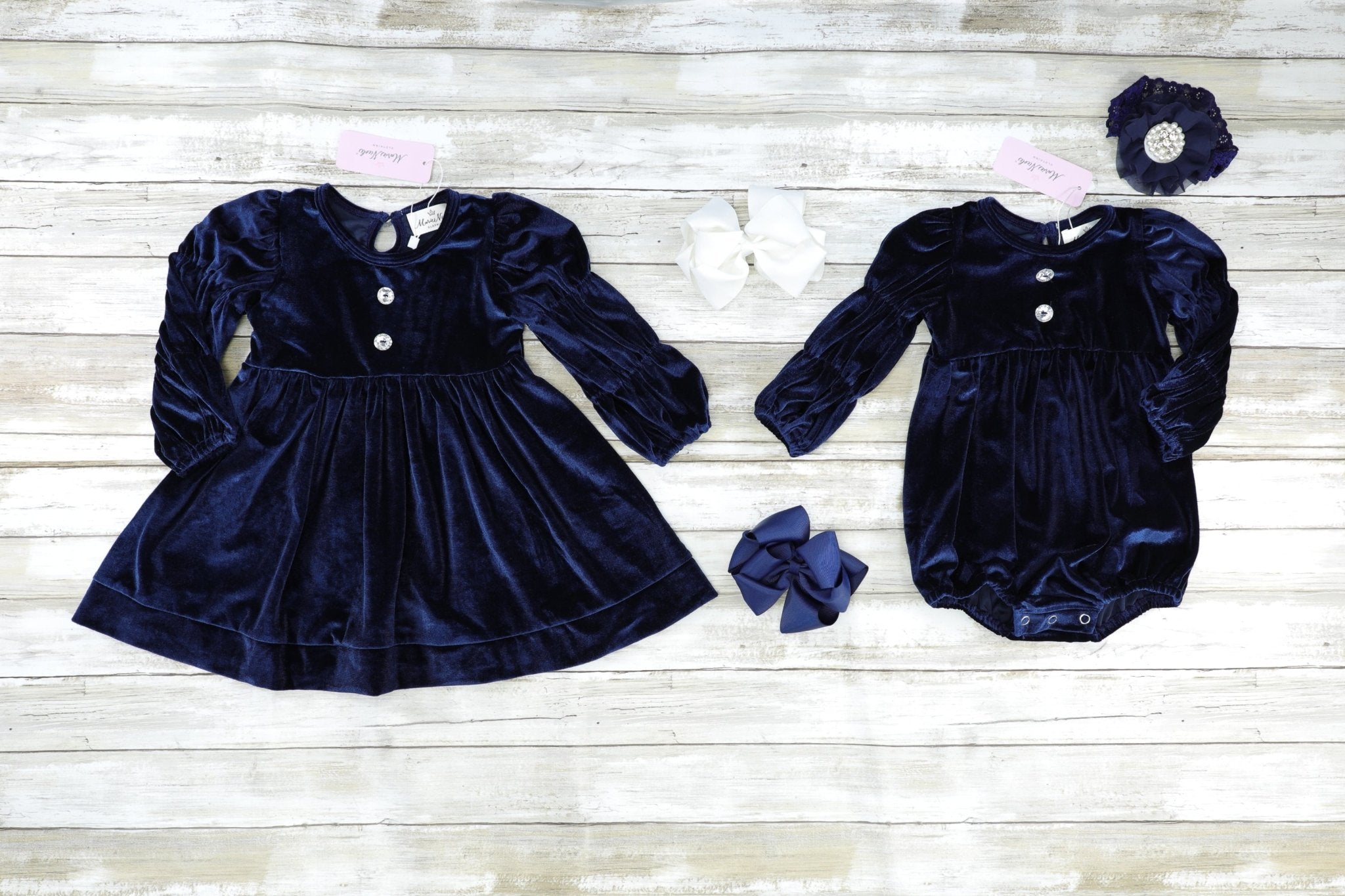 Navy Bubble Sleeve Velvet Dress - Marie Nicole Clothing