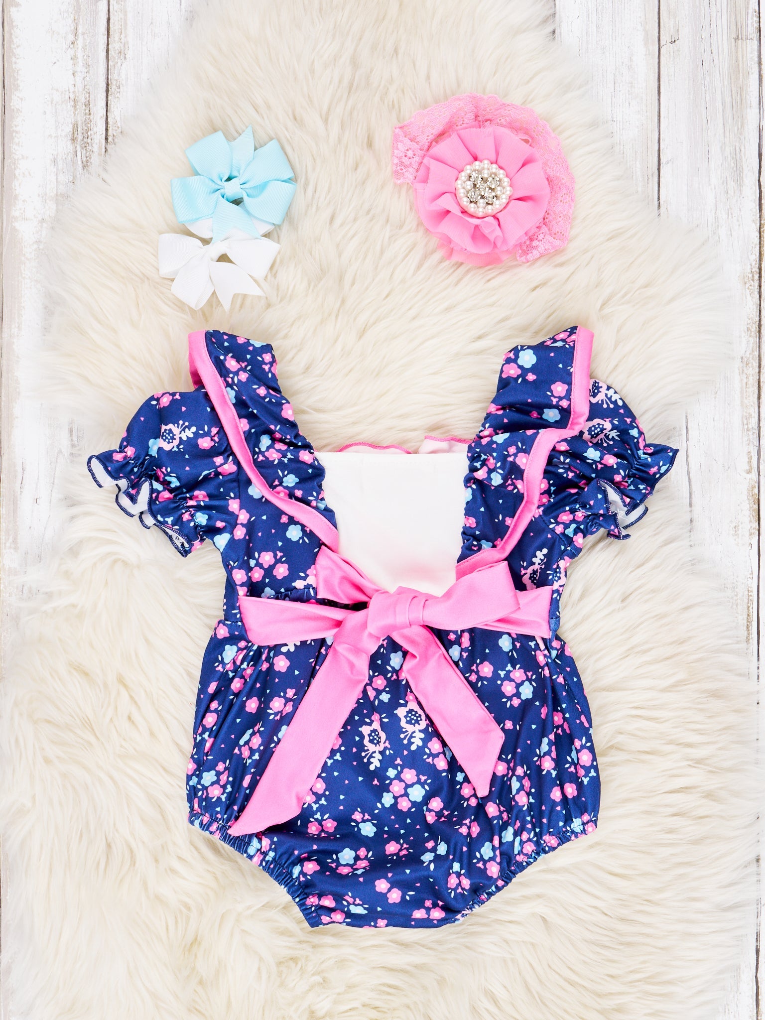Navy Floral Cross Ruffle Romper - Marie Nicole Clothing
