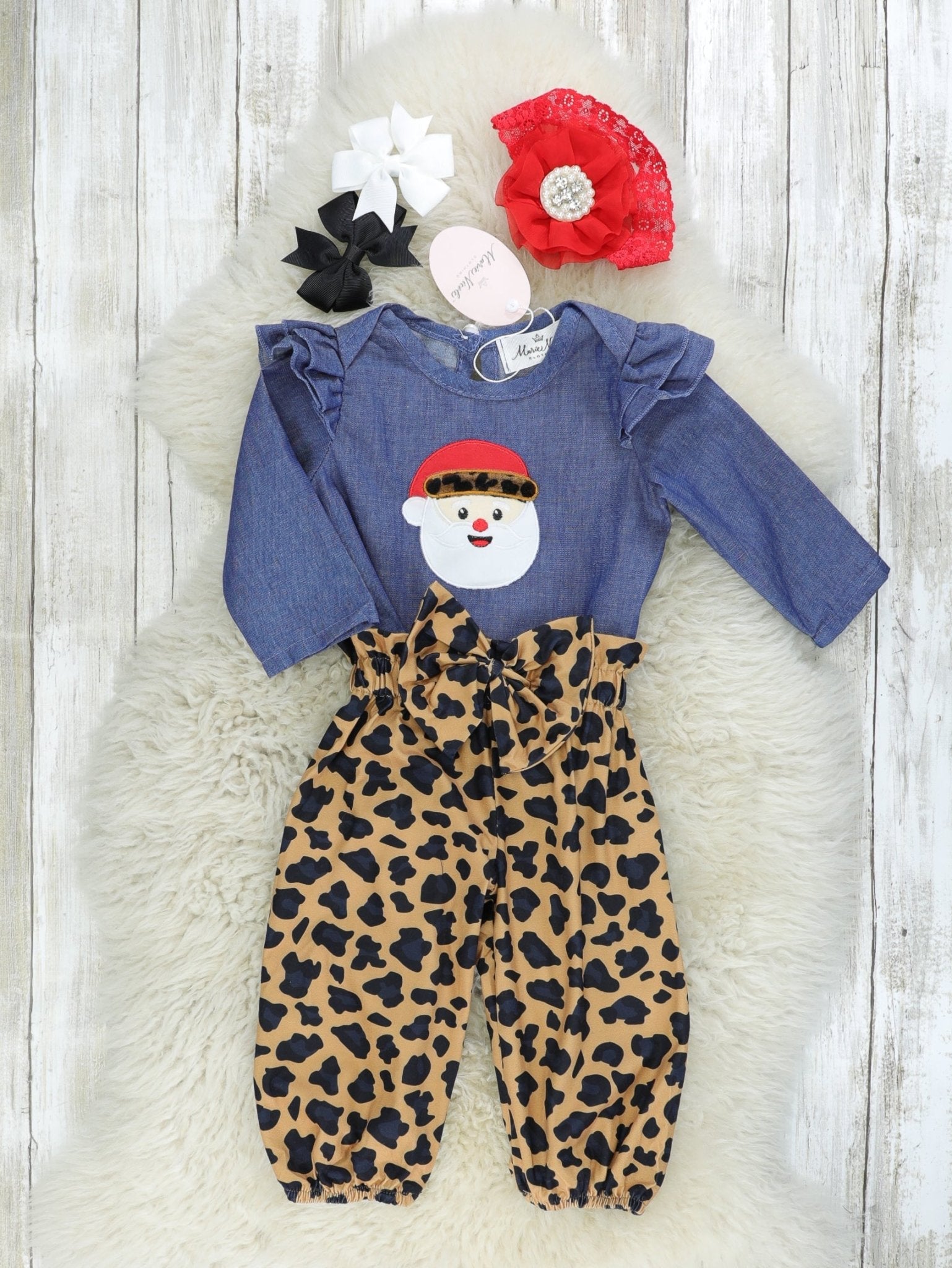 Chambray Leopard Santa Ruffle Romper Outfit - Marie Nicole Clothing