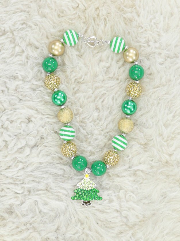 Green & Gold Christmas Tree Bubblegum Necklace - Marie Nicole Clothing